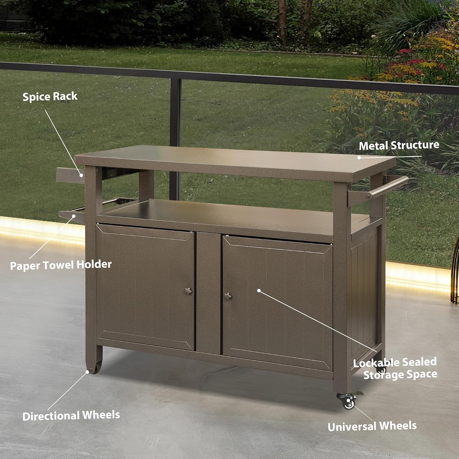 Domi Outdoor Grill Cart with Wheels,XL Outdoor Kitchen Island with Storage,Cooking Prep BBQ Table for Patio, Home Party, Lawn & Garden (Brown)