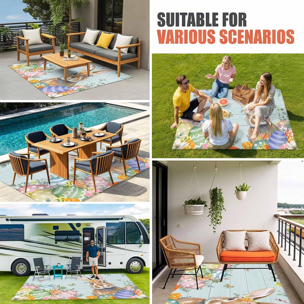 Easter Bunny Outdoor Rug for Patio/Deck/Porch, Non-Slip Large Area Rug 5 x 8 Ft, Colorful Easter Eggs Eucalyptus Teal Wooden Indoor Outdoor Rugs Washable Area Rugs, Camping Rug Carpet Runner