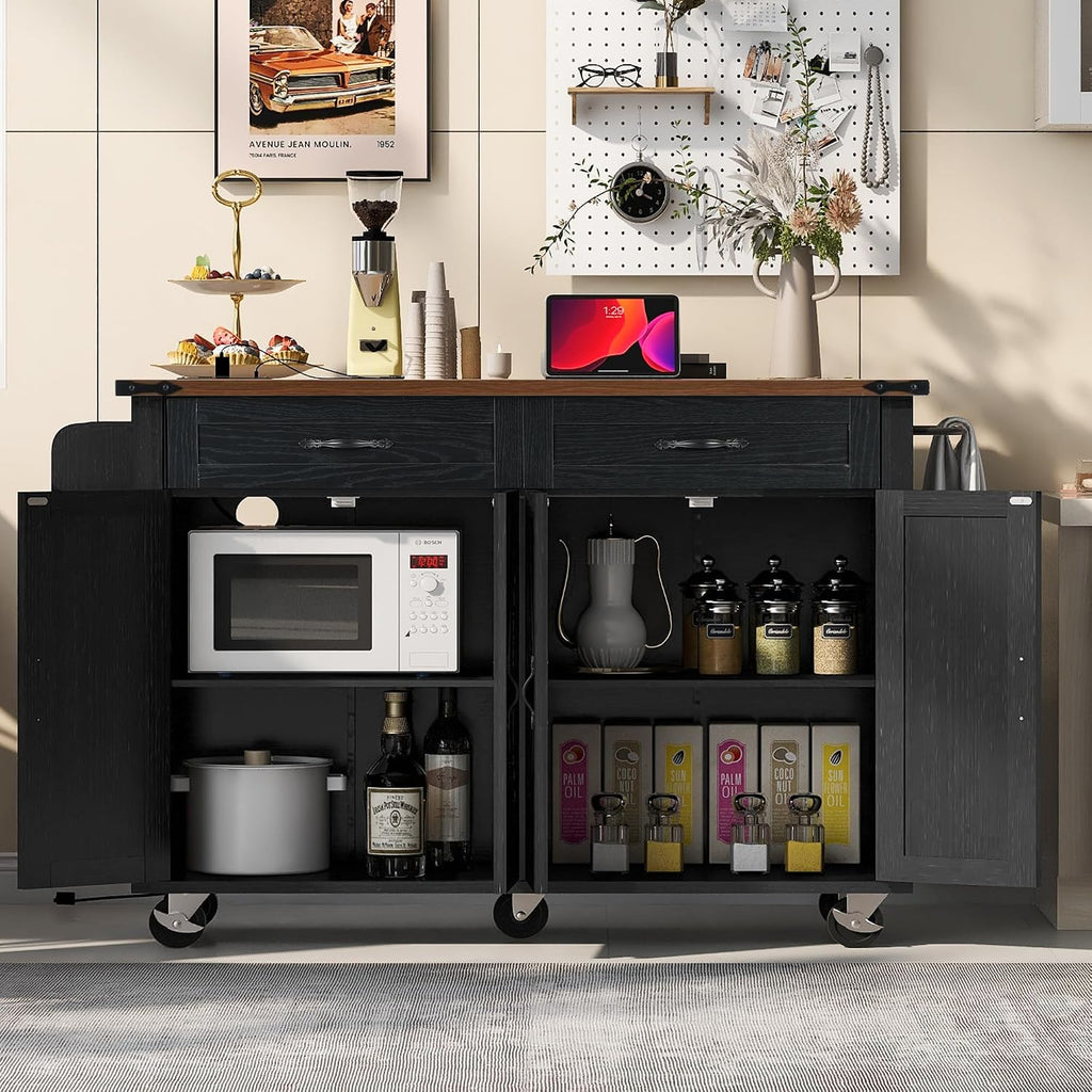 53.5''Farmhouse Kitchen Island with Power Outlet, Kitchen Storage Island with Drop Leaf, Spice Rack and Drawer, Rolling Kitchen Cart on Wheels, for Home, Living Room and Dining Room, Black