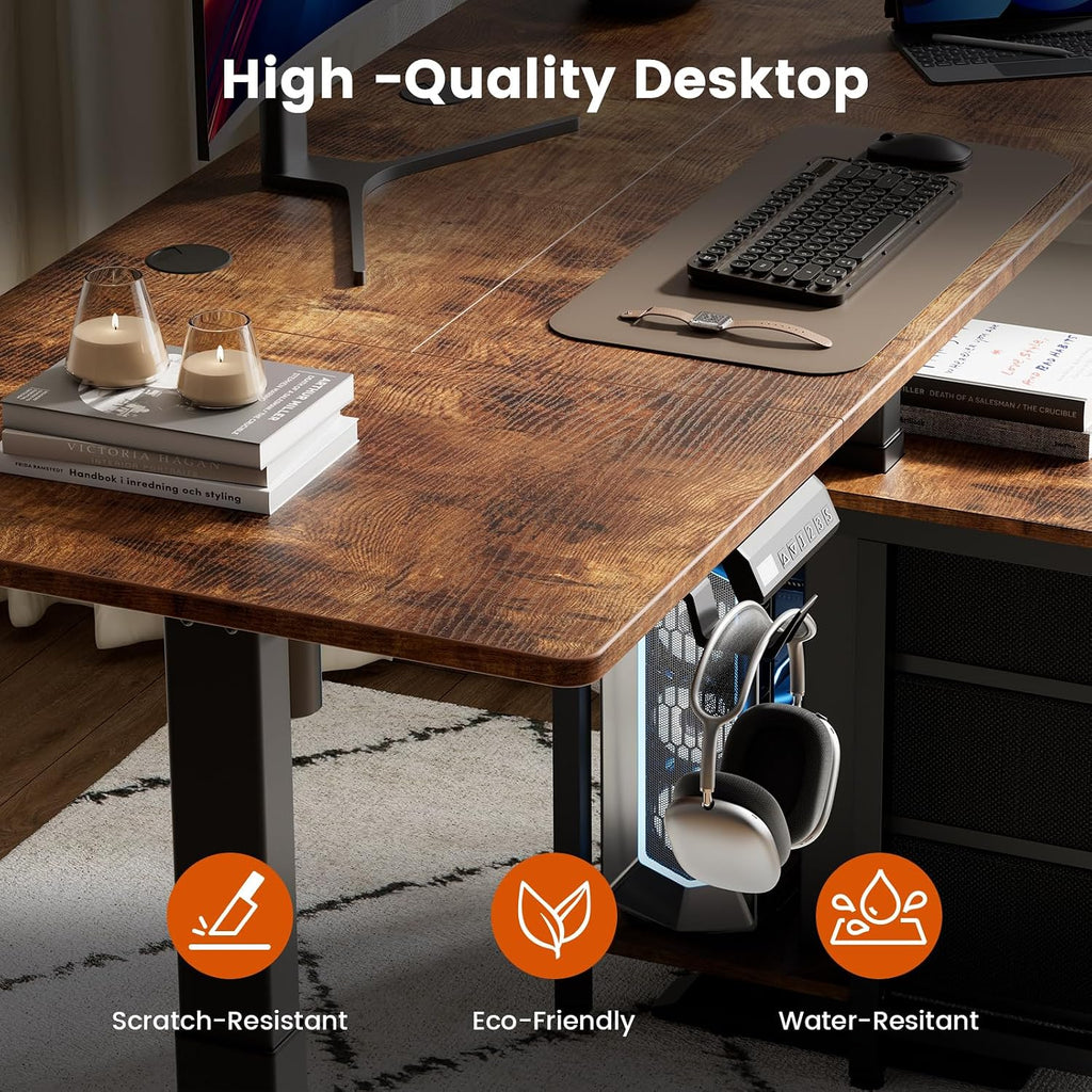 REAHOME Electric Standing Desk with Drawers, 55 x 24 Inches Height Adjustable Sit Stand Desk with Storage, 3 Memory Preset Home Office Computer Desk, Printer Cabinet Cable Management, Rustic Brown
