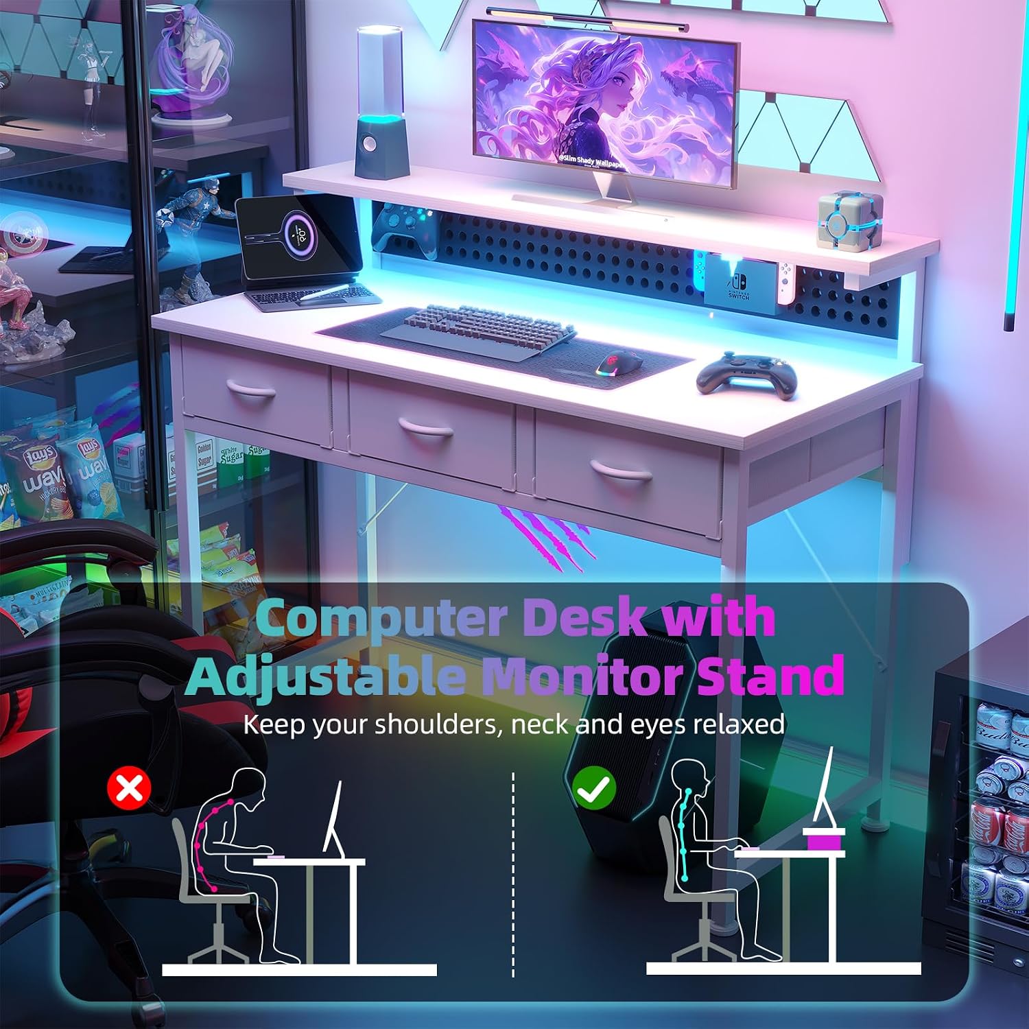 MUTUN Computer Desk with Drawers, 40 Inch Computer Desk with Power Outlet & LED Light, Gaming Desk with Adjustable Monitor Stand & Pegboard, Modern PC Study Writing Table for Bedroom, White