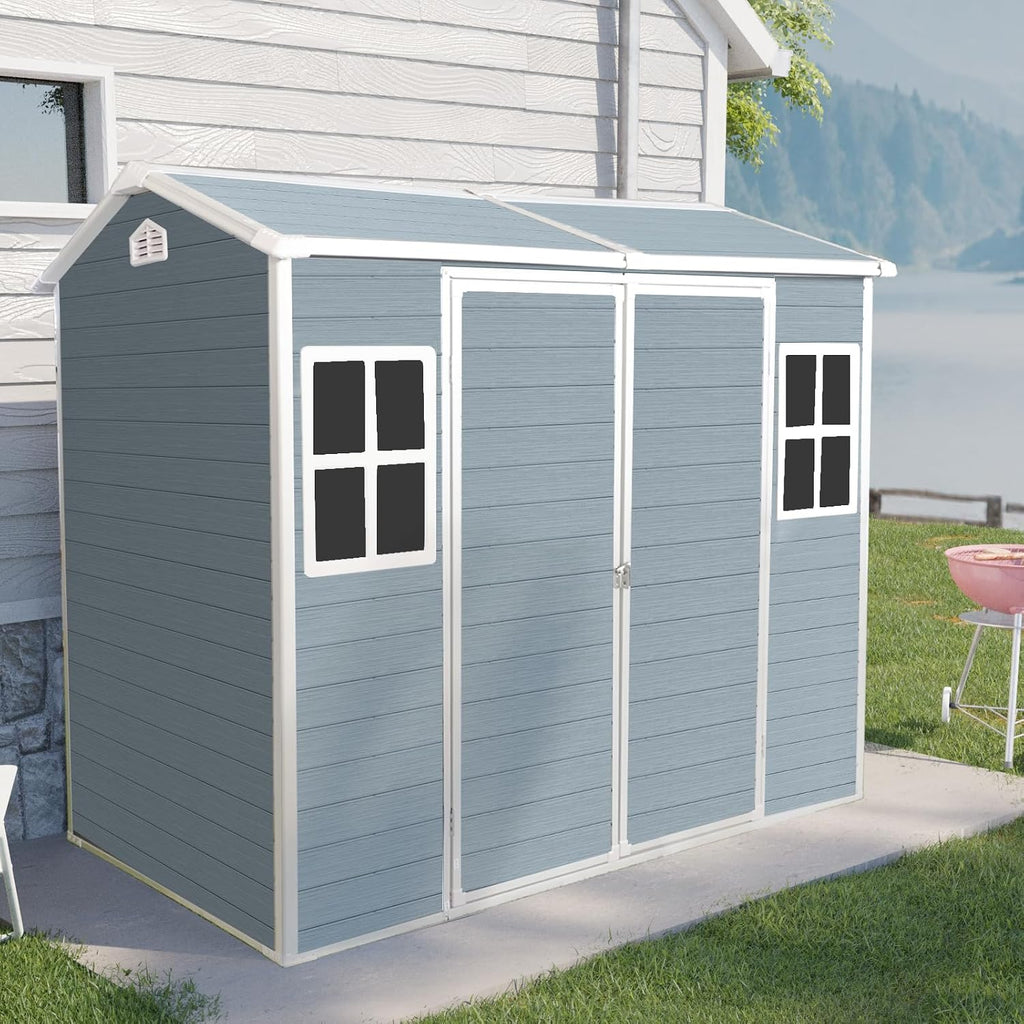 8x4ft Resin Outdoor Storage Shed: Double Doors & Two Windows, Heavy-Duty Plastic Shed with Floor, Waterproof UV-Proof Garden Tool Storage for Backyard, Patio, Yard, Lawn