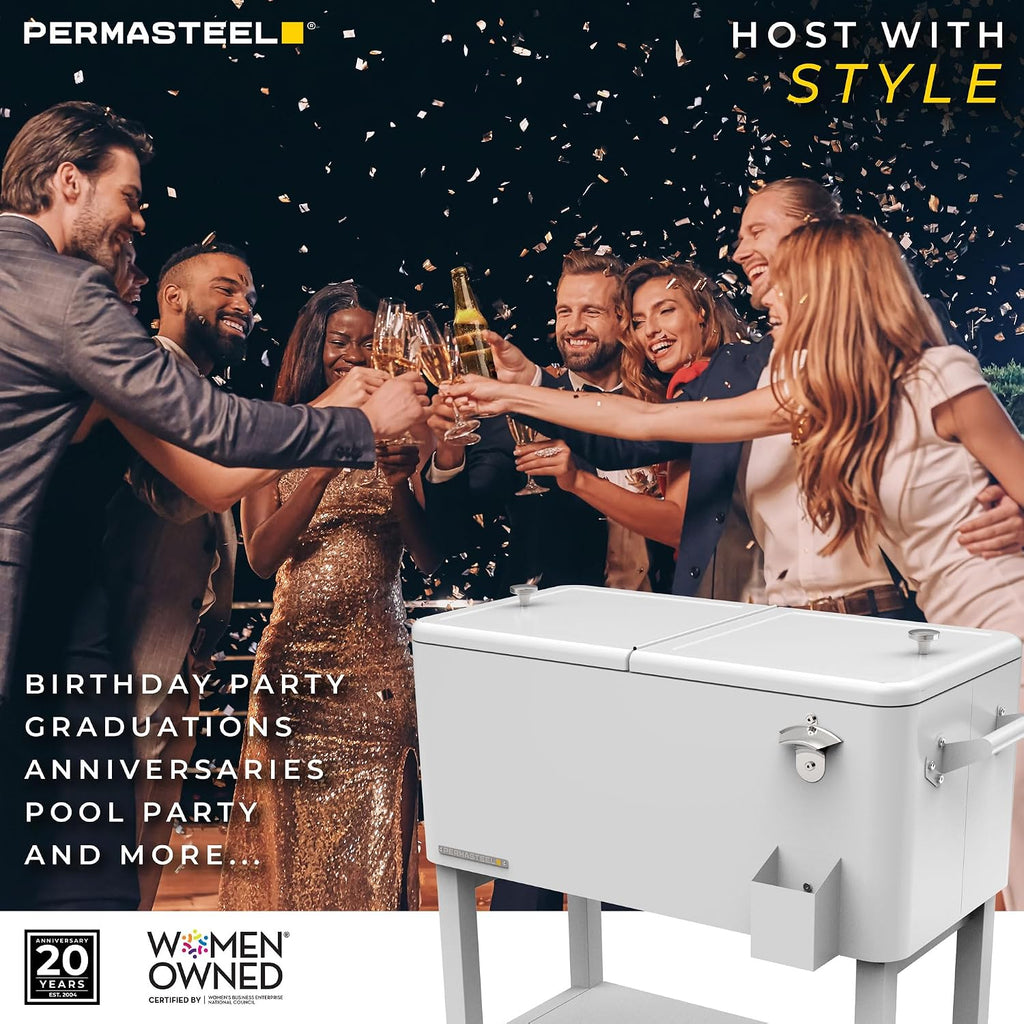 Permasteel Party Cooler with Divider, Removable Basin, Spacious 80-Qt Capacity, Chills 36hrs, Serving Tray, Rolling Ice Chest for Indoor & Outdoor