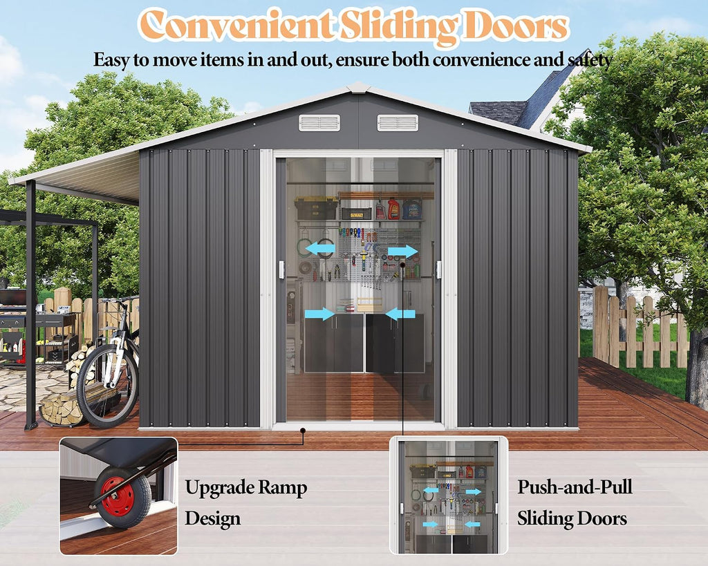 AMERLIFE 10.6x10.3x6.3 FT Galvanized Metal Storage Shed with Open Firewood Storage, Sliding Doors & Ramp, 2 Ventilated Windows, Weather-Resistant Outdoor Tool & Garden Shed, Dark Gray