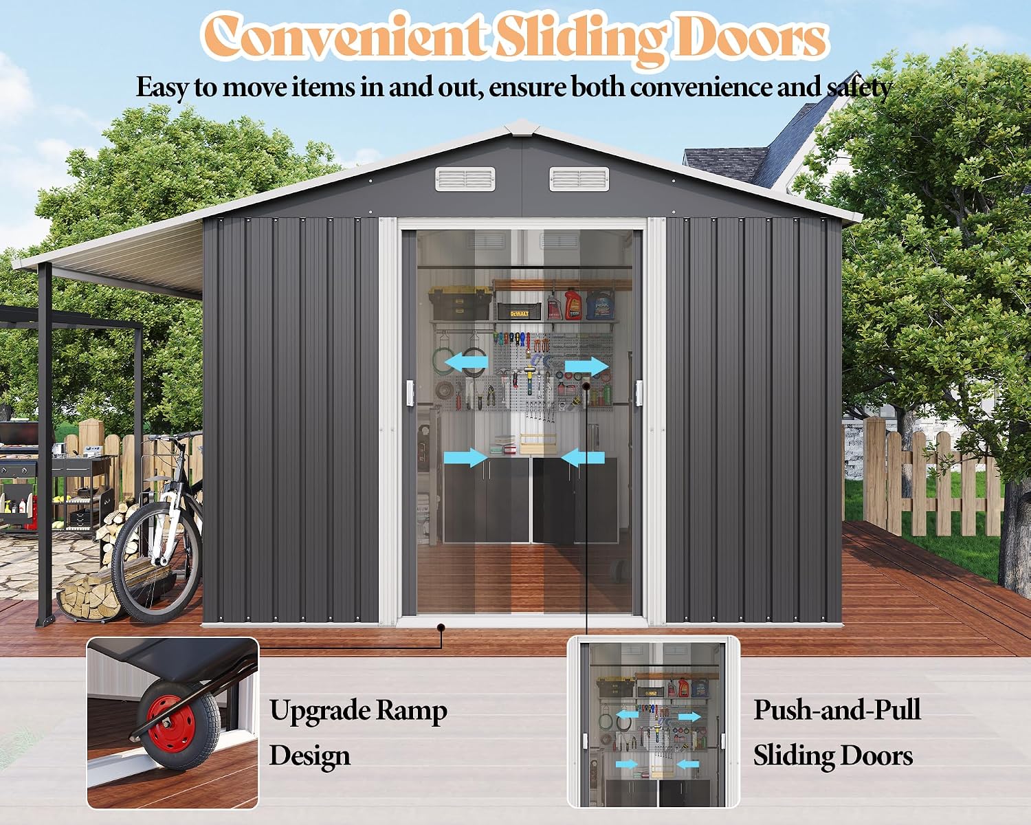 AMERLIFE 10.6x10.3x6.3 FT Galvanized Metal Storage Shed with Open Firewood Storage, Sliding Doors & Ramp, 2 Ventilated Windows, Weather-Resistant Outdoor Tool & Garden Shed, Dark Gray