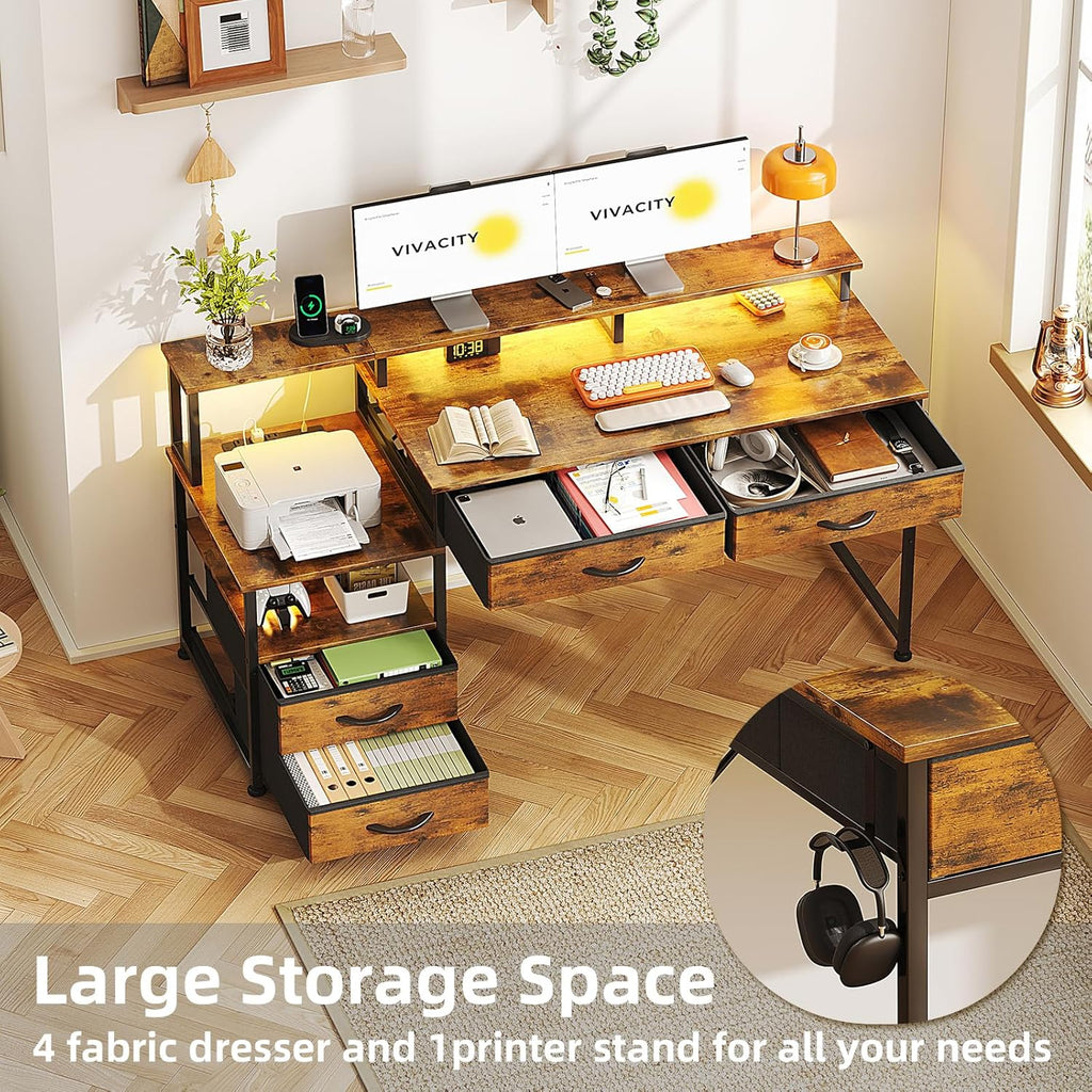 53' Computer Desk with 4 Drawers & Power Outlets, Reversible Home Office Desk with Monitor Stand & Printer Stand, Gaming Desks with Led Lights, Study Writing Work Desks Table for Bedroom, Vintage