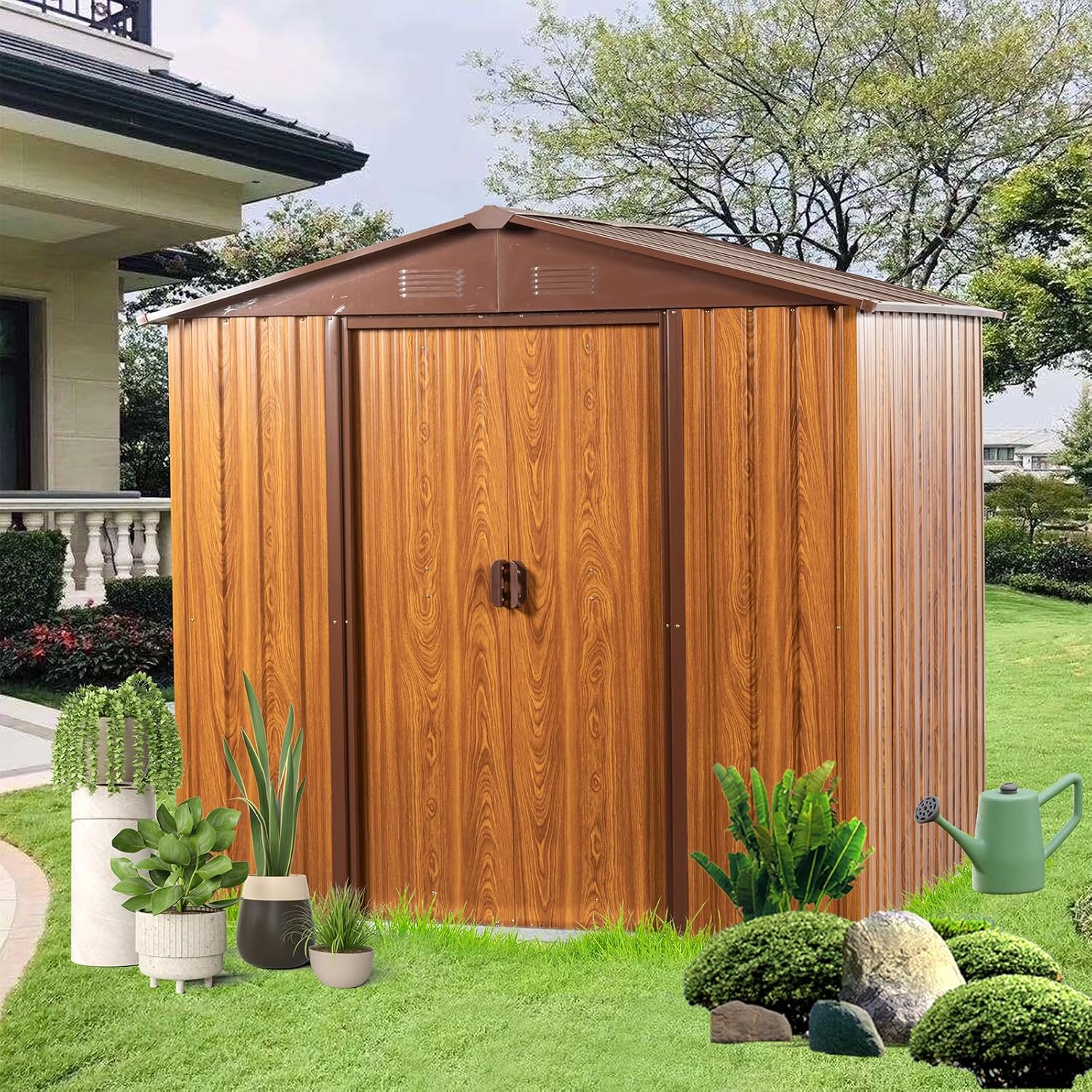 CHUNLY 6' x 5.5' Outdoor Metal Storage Shed with 2 Double Hinged Door & Floor Base, Tool Shed Woodgrain Outdoor Storage Lockable Garden Shed Storage Room for Patio Backyard Lawn Brown