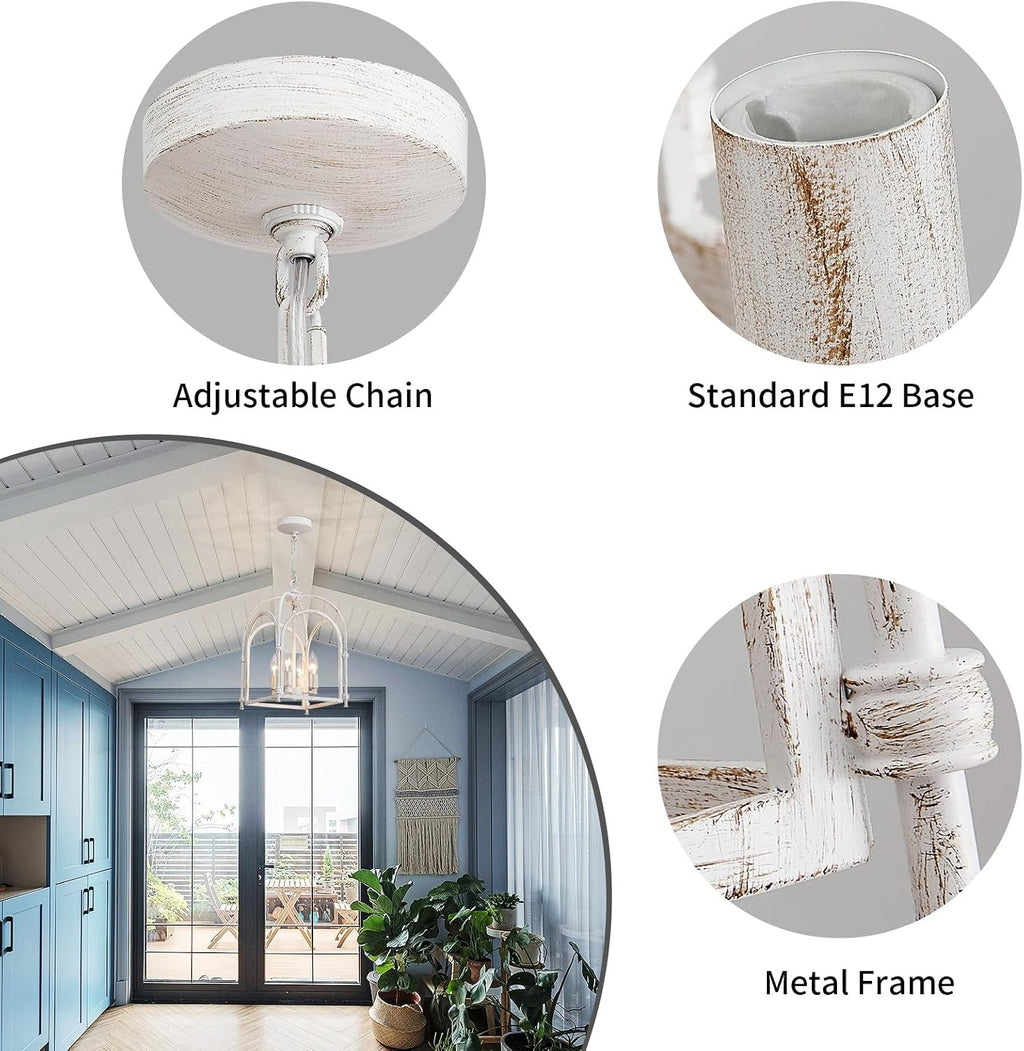 4-Light Chandeliers, Farmhouse White Chandelier for Dining Room Light Fixtures, Lantern Metal Kitchen Pendant Light Fixtures, Rustic Cage Chandelier for Bedroom Living Room Kitchen Island Hallway