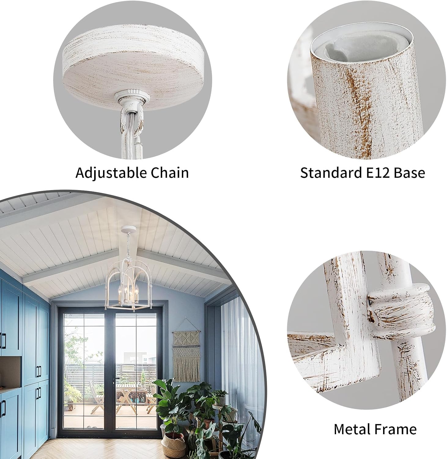 4-Light Chandeliers, Farmhouse White Chandelier for Dining Room Light Fixtures, Lantern Metal Kitchen Pendant Light Fixtures, Rustic Cage Chandelier for Bedroom Living Room Kitchen Island Hallway
