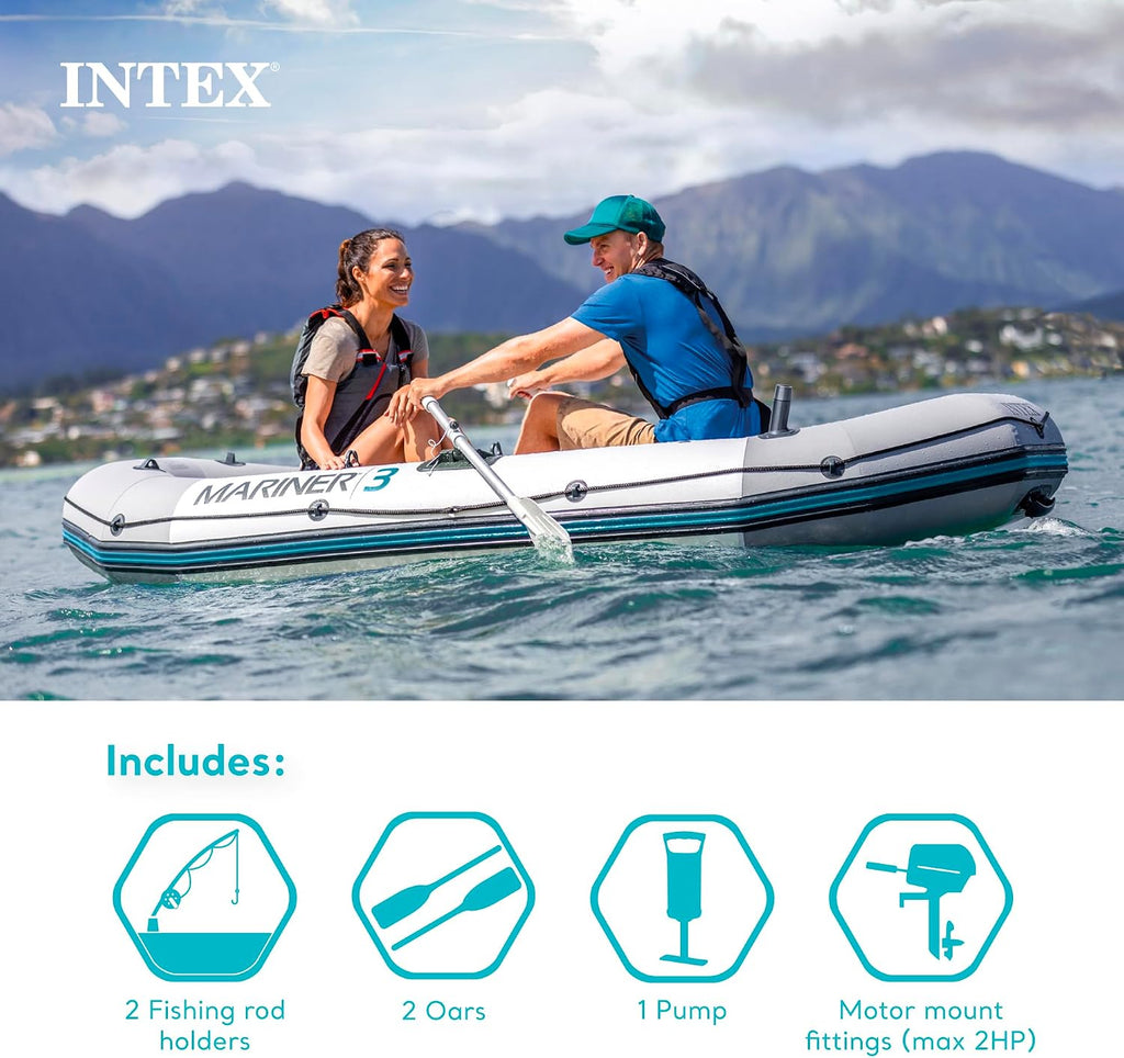 INTEX Mariner Inflatable Boat Series: Includes Deluxe Boat Oars and High-Output Pump – SuperTough PVC – Wear-Resistant Keel – Removable Fishing Rod Holders – Heavy Duty Grab Handle