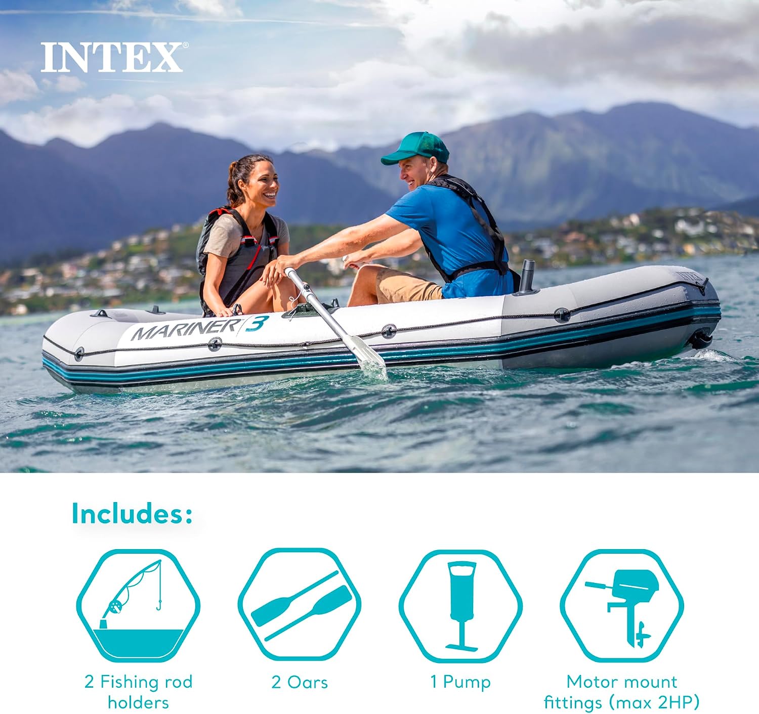INTEX Mariner Inflatable Boat Series: Includes Deluxe Boat Oars and High-Output Pump – SuperTough PVC – Wear-Resistant Keel – Removable Fishing Rod Holders – Heavy Duty Grab Handle