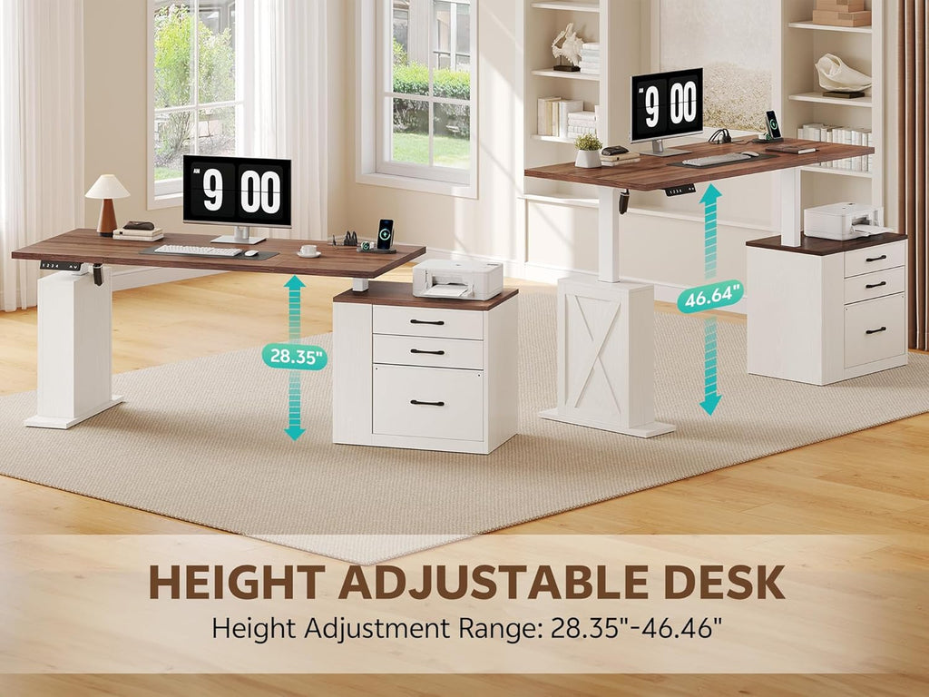 75.5 Inches Electric Standing Desk with Drawers Farmhouse Sit Stand Desk with Storage Adjustable Height Computer Desk with Power Outlets Printer Space for Home Office White and Walnut