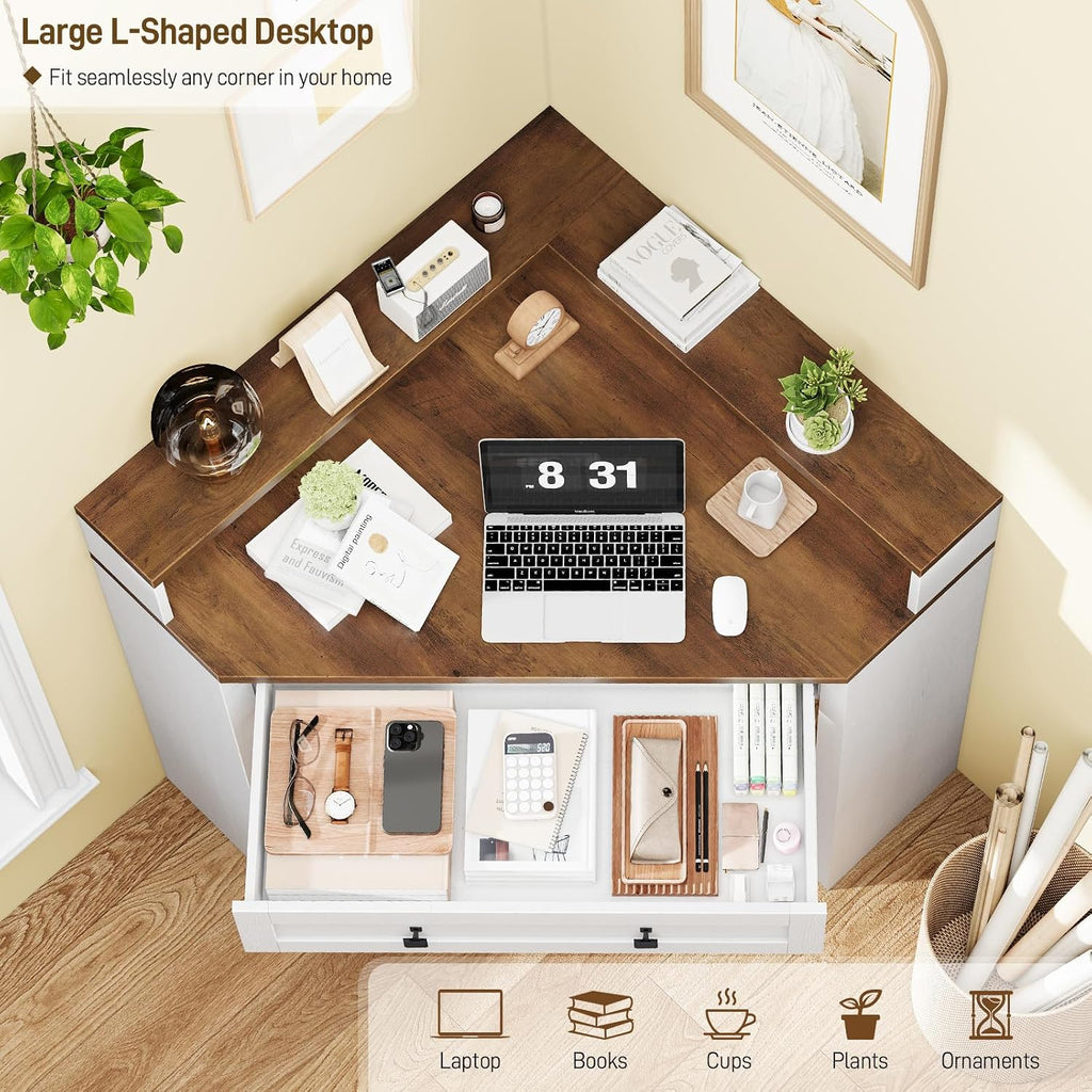 Corner Desk, Triangle Computer Desk Home Office Workstation with Drawer and Monitor Stand for Small Spaces Farmhouse Corner Vanity Table for Bedroom Study, Living Room (Rustic White and Brown)