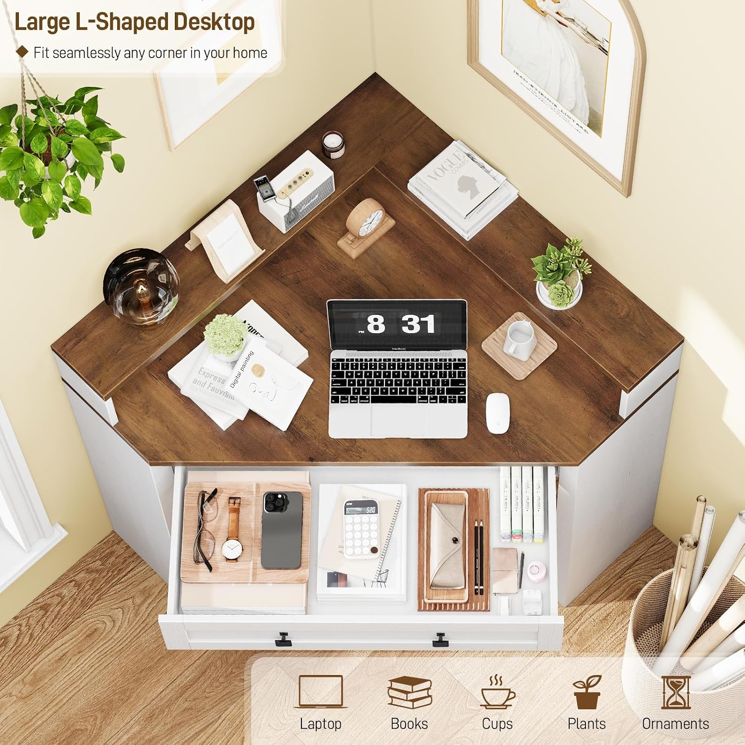 Corner Desk, Triangle Computer Desk Home Office Workstation with Drawer and Monitor Stand for Small Spaces Farmhouse Corner Vanity Table for Bedroom Study, Living Room (Rustic White and Brown)