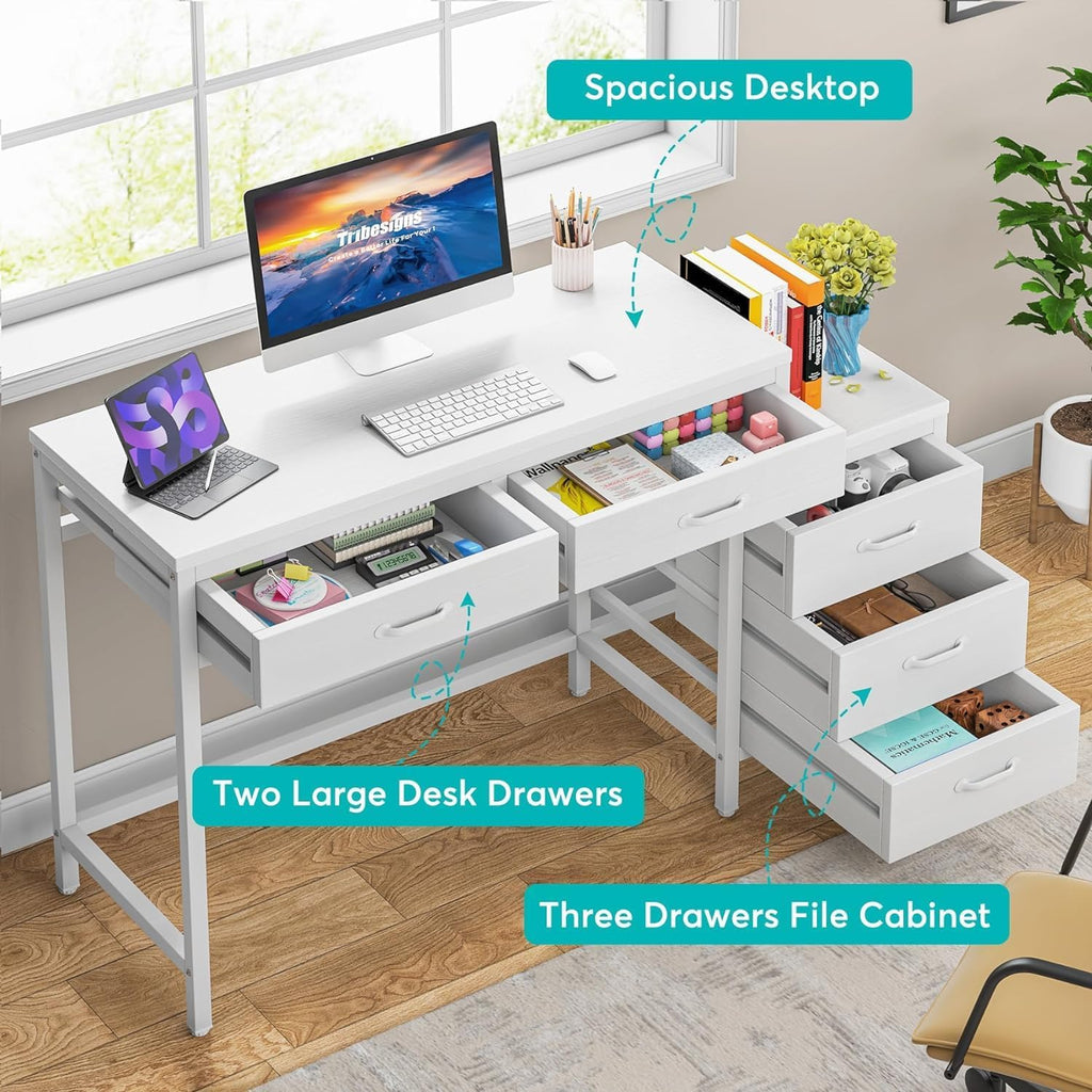 Tribesigns Computer Desk with 5 Drawers, Home Office Desks with Reversible Drawer Cabinet Printer Stand, Industrial PC Desk with Storage, White Study Writing Table Workstation for Small Spaces