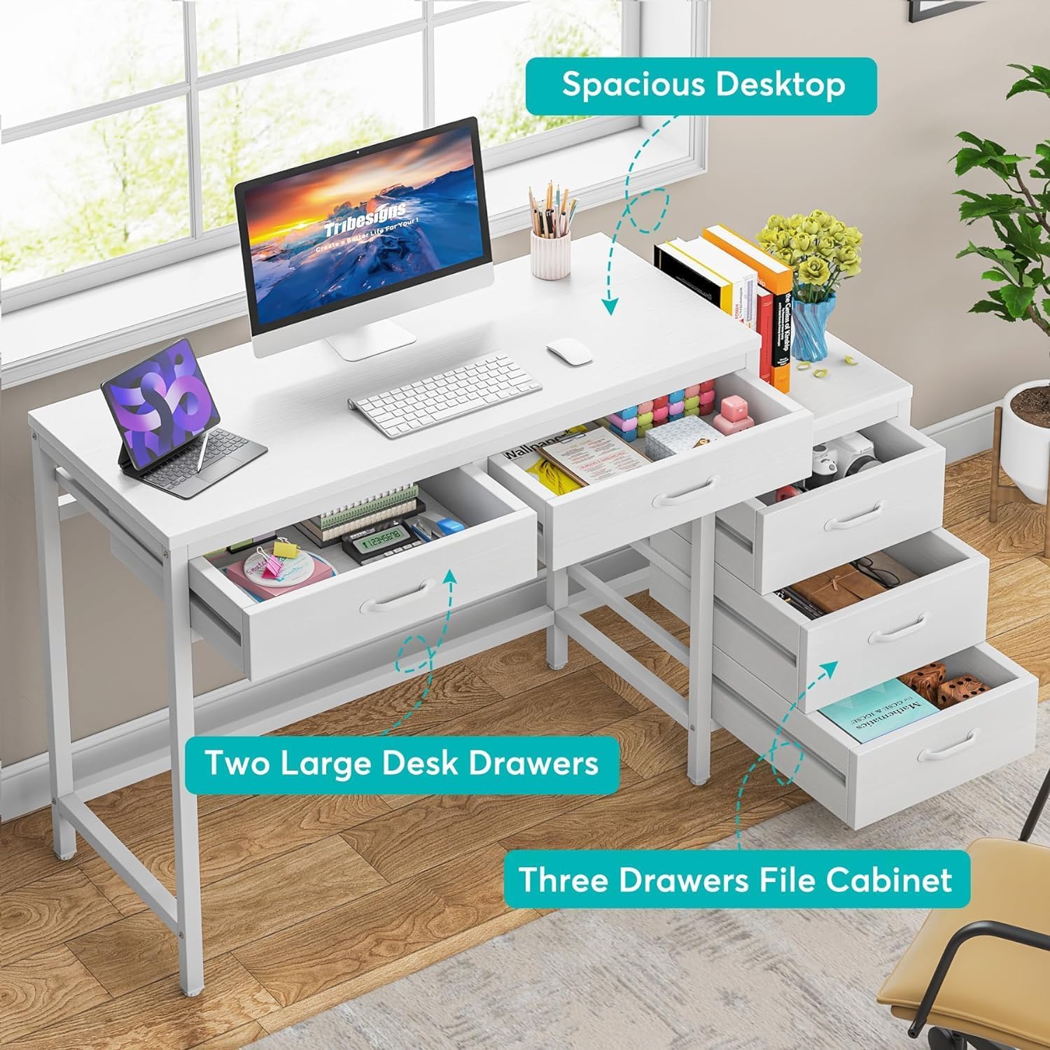 Tribesigns Computer Desk with 5 Drawers, Home Office Desks with Reversible Drawer Cabinet Printer Stand, Industrial PC Desk with Storage, White Study Writing Table Workstation for Small Spaces