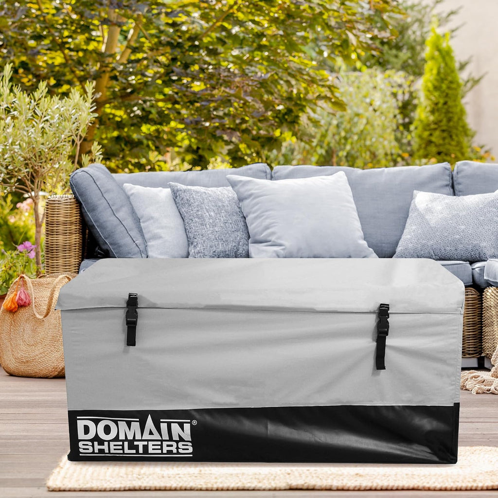 Domain Shelters 117 Gallon 4 x 2 x 2 Foot Outdoor Patio Backyard Garden Storage Container Deck Box w/Removable Weather Bars & Clip Buckles, Gray/Black