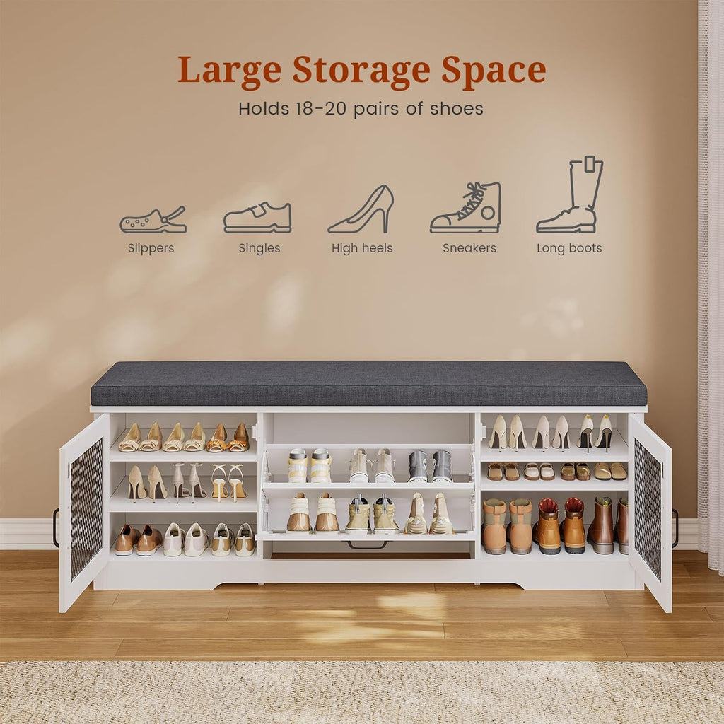 UPOSOJA Farmhouse Storage Bench with Flip Drawers & Padded Seat Cushion, Half Hidden Shoe Rack Organizer, Adjustable Shelf Shoe Cabinet for Entryway, Bedroom, Living Room (White, 57IN)