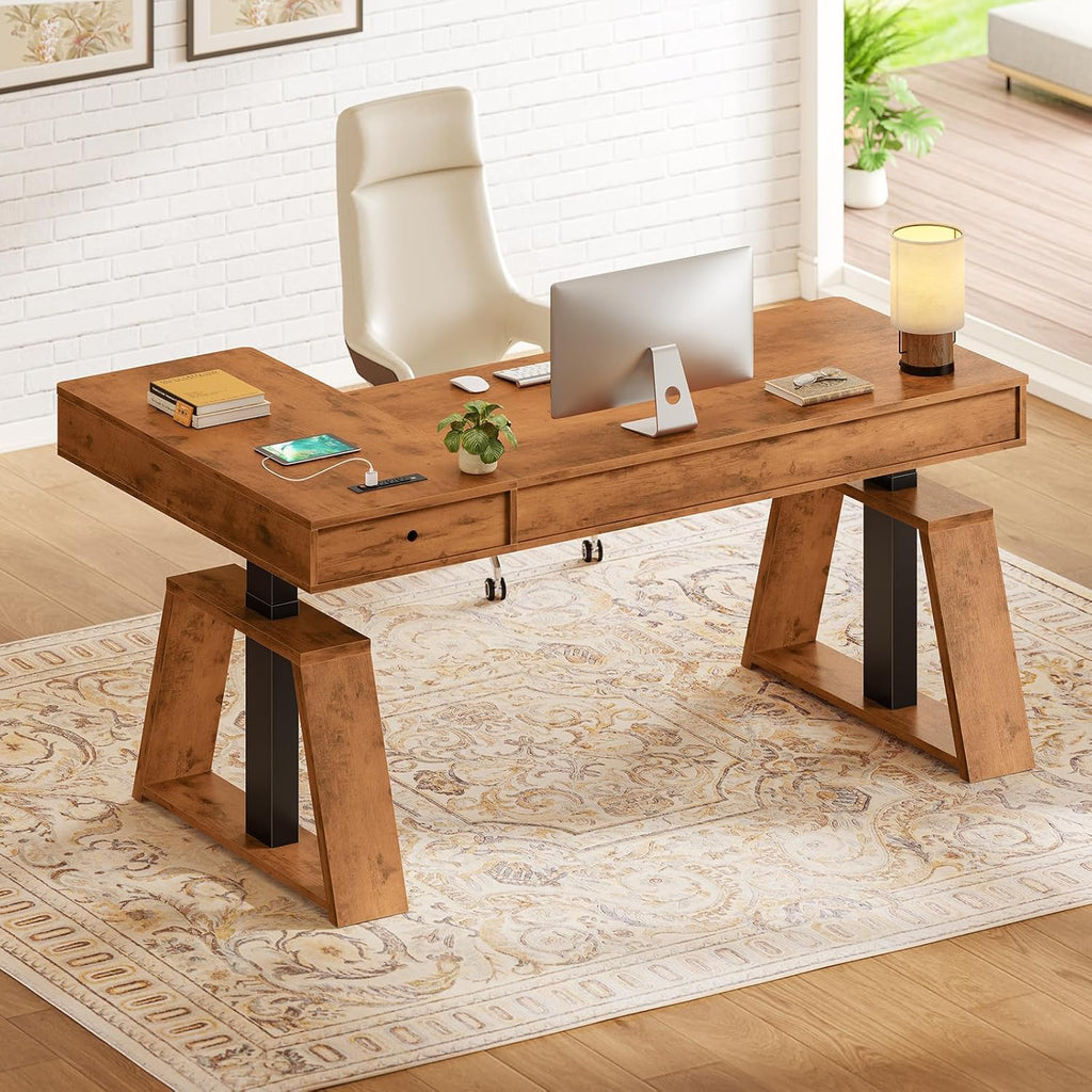 SEDETA 59 Inch L Shaped Electric Standing Desk with Drawers, Executive Adjustable Desk with Power Outlets, Sit Stand Computer Table for Home Office, Rustic Brown