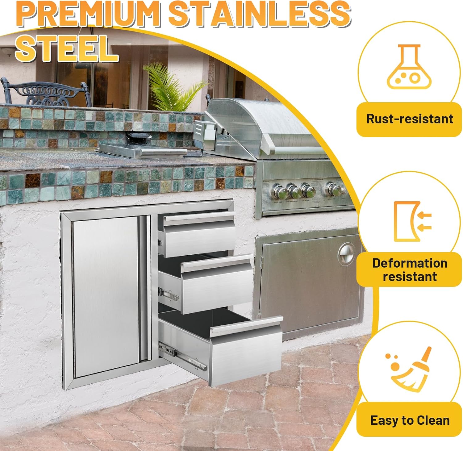 Outdoor Kitchen Drawer Combo Cabinet Stainless Steel Triple Drawers & Access Door, 28' W x 22' H x 19.5' D, Multi-Layer Design with Partition, Perfect for BBQ Grill Station