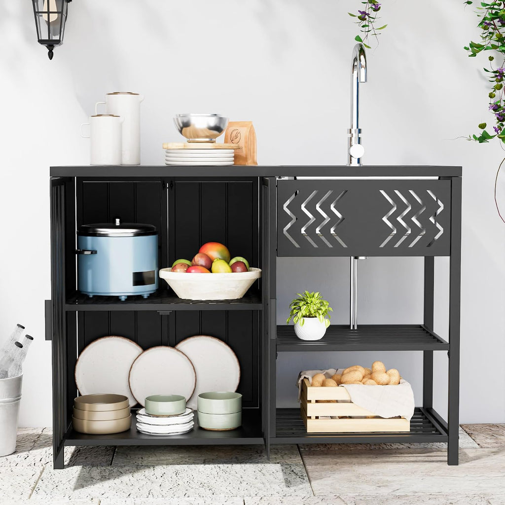 LUCKWIND 48 Inch Iron Utility Sink Cabinet with Stainless Steel Sink & Faucet, 2-Door Enclosed Storage Cabinet and 2-Shelf Open Unit for Outdoor Patio, Kitchen & Commercial Use