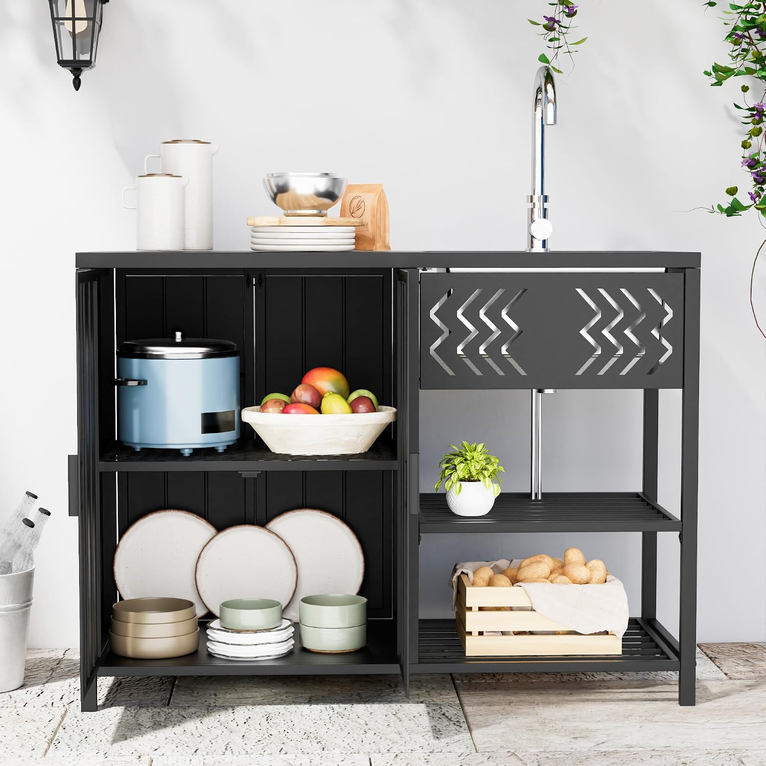LUCKWIND 48 Inch Iron Utility Sink Cabinet with Stainless Steel Sink & Faucet, 2-Door Enclosed Storage Cabinet and 2-Shelf Open Unit for Outdoor Patio, Kitchen & Commercial Use