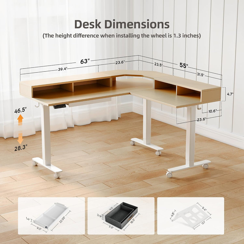 YDN Dual Motor 63' L Shaped Standing Desk with Drawers, Electric Height Adjustable Standing Desk with Monitor Stand & Splice Board, White Frame/Nature Top