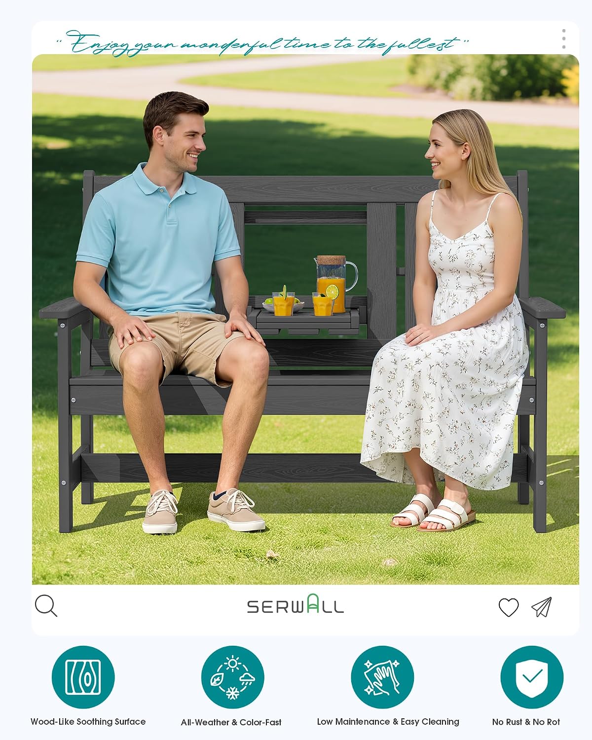 SERWALL Outdoor Bench with Cup Holder, 58' HDPE Garden Park Bench Suitable for 3 Person, All Weather Patio Benches with High Backrest and Wide Armrests for Garden, Park, Yard, Front Porch, Grey