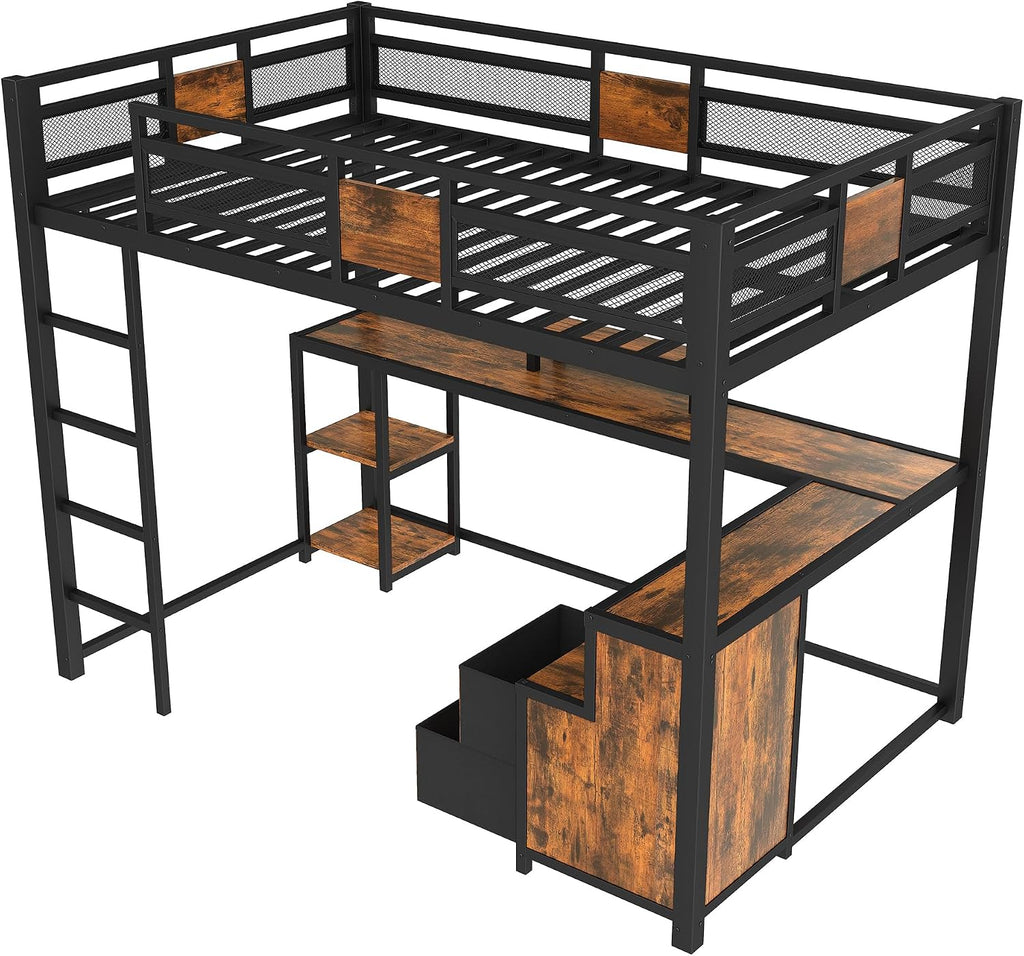 Bellemave Full Loft Bed with Storage Drawers and L-Shaped Desk, Metal Loft Bed Frame with Computer Monitor Stand, Hang Rod, and Multi-Function Shelves, Loftbed with Noise-Free Design, Black