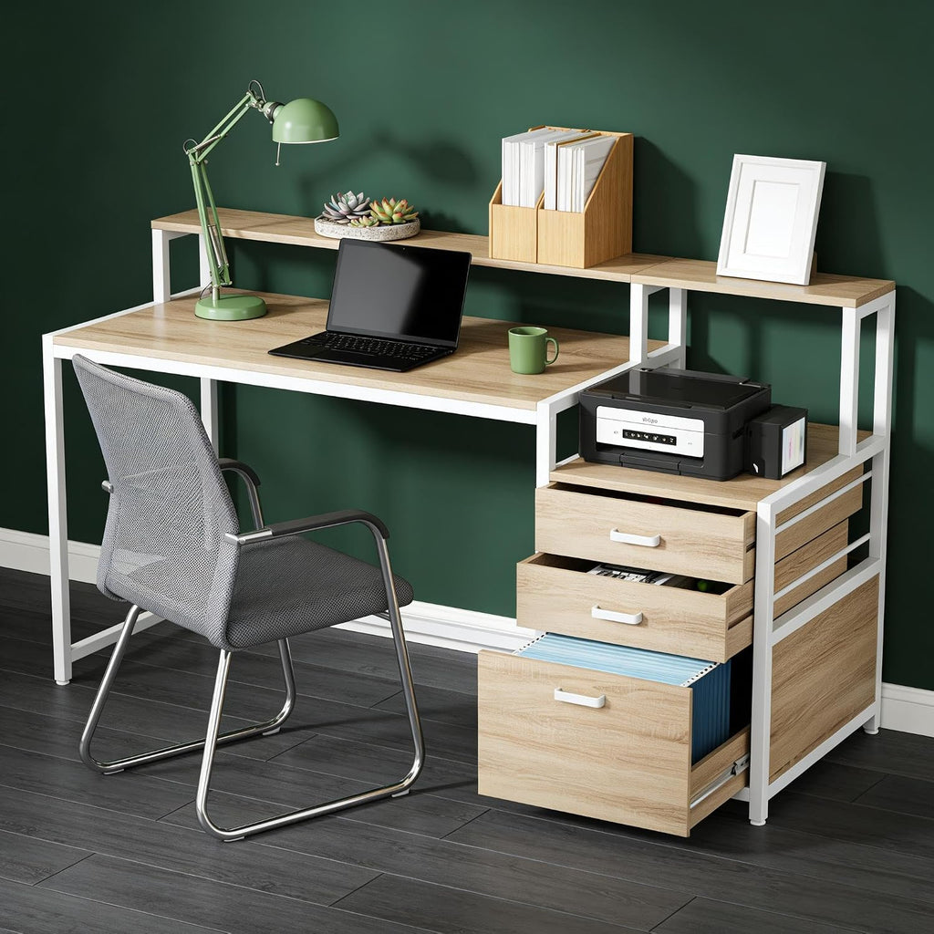 Writing Desk Computer Desk with Drawers and Monitor Riser Office Desk with File Cabinet Elevated Monitor Stand Two-Tier 63in Spacious Workstation Natural White