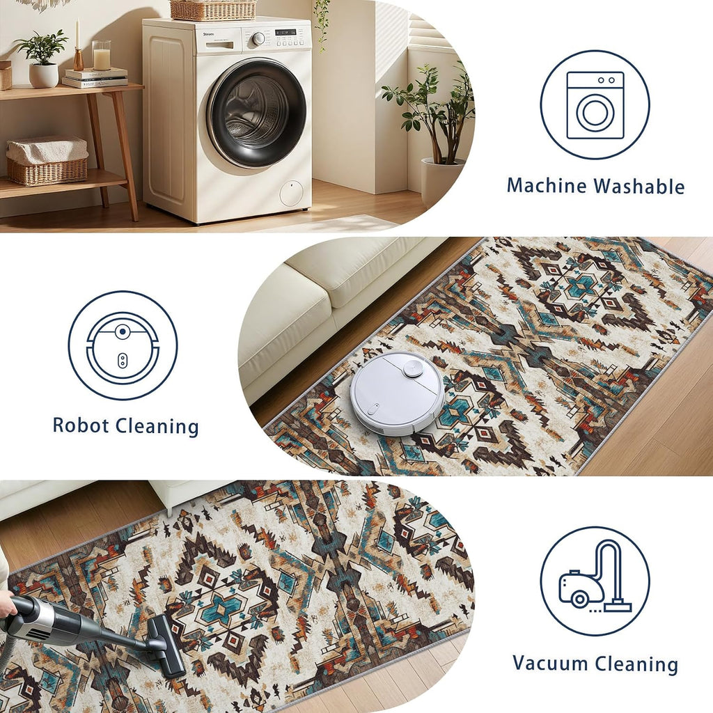 Southwest Rug Runner 3x12 - Washable Non Slip Runner Rug for Hallway - Aztec Tribal Native American Kitchen Rugs - Indian Navajo Carpet Runners for Hallway, Laundry Room, Bedroom, Bathroom
