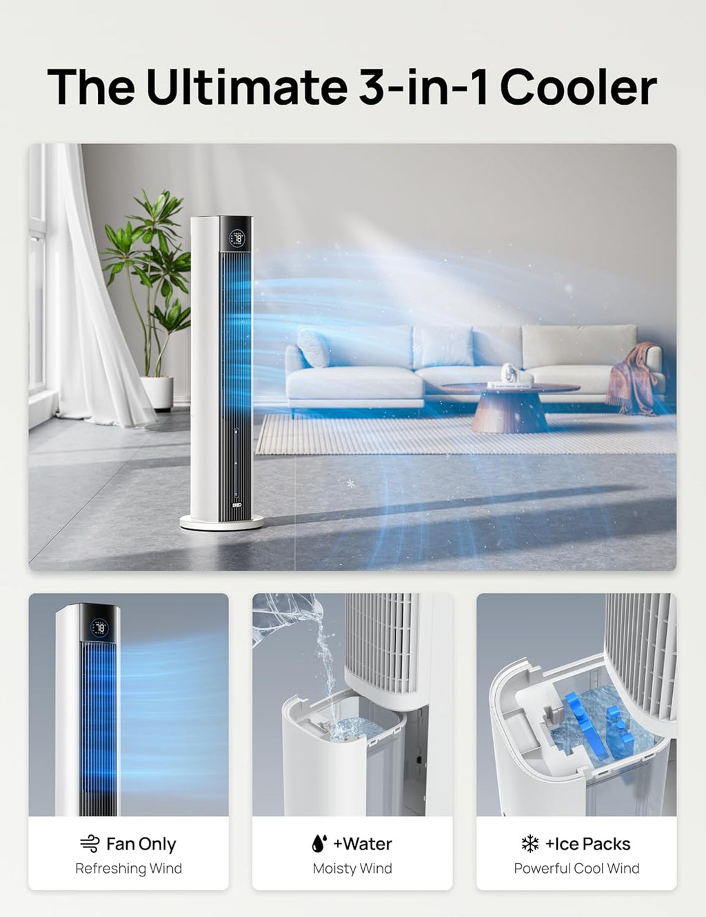 DREO Evaporative Air Swamp Cooler, 43' Cooling Fans that Blow Cold Air 2025 Upgraded, 85° Oscillating Floor Fan for Bedroom, Easy Cleaning, APP Control, Ice Packs, 4 Speeds & 4 Modes, 12H Timer, White