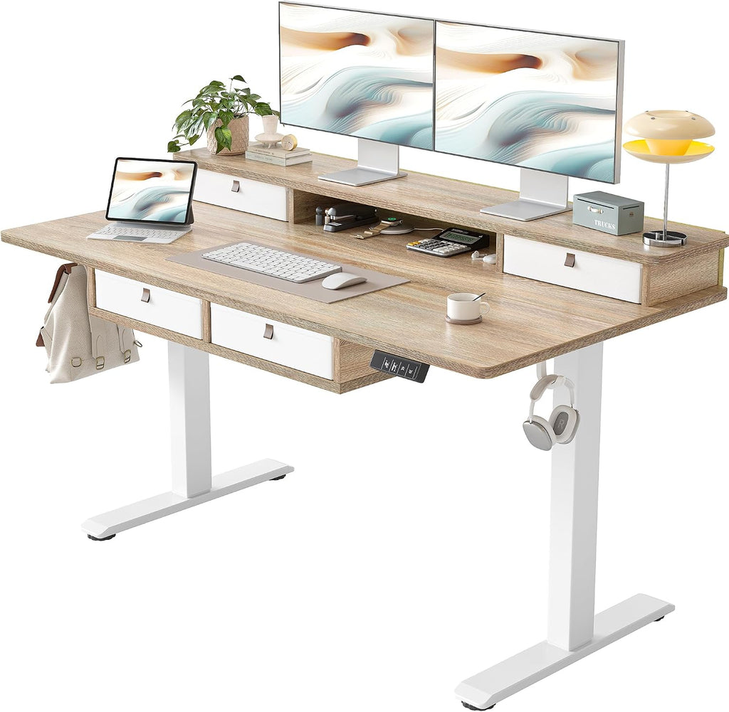 TIQLAB 55 * 28 Inch Standing Desk with Four Drawers, Electric Sit Stand Table, Stand Up Desk Adjustable Height with Storage Shelf, Splice Board, Maple