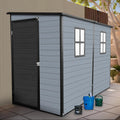 4x8ft Resin Shed with Floor Included, Outdoor Storage Lean to Shed with 2 Windows and Lockable Door, Garden Sheds for Tools, Bike, Gray and Black