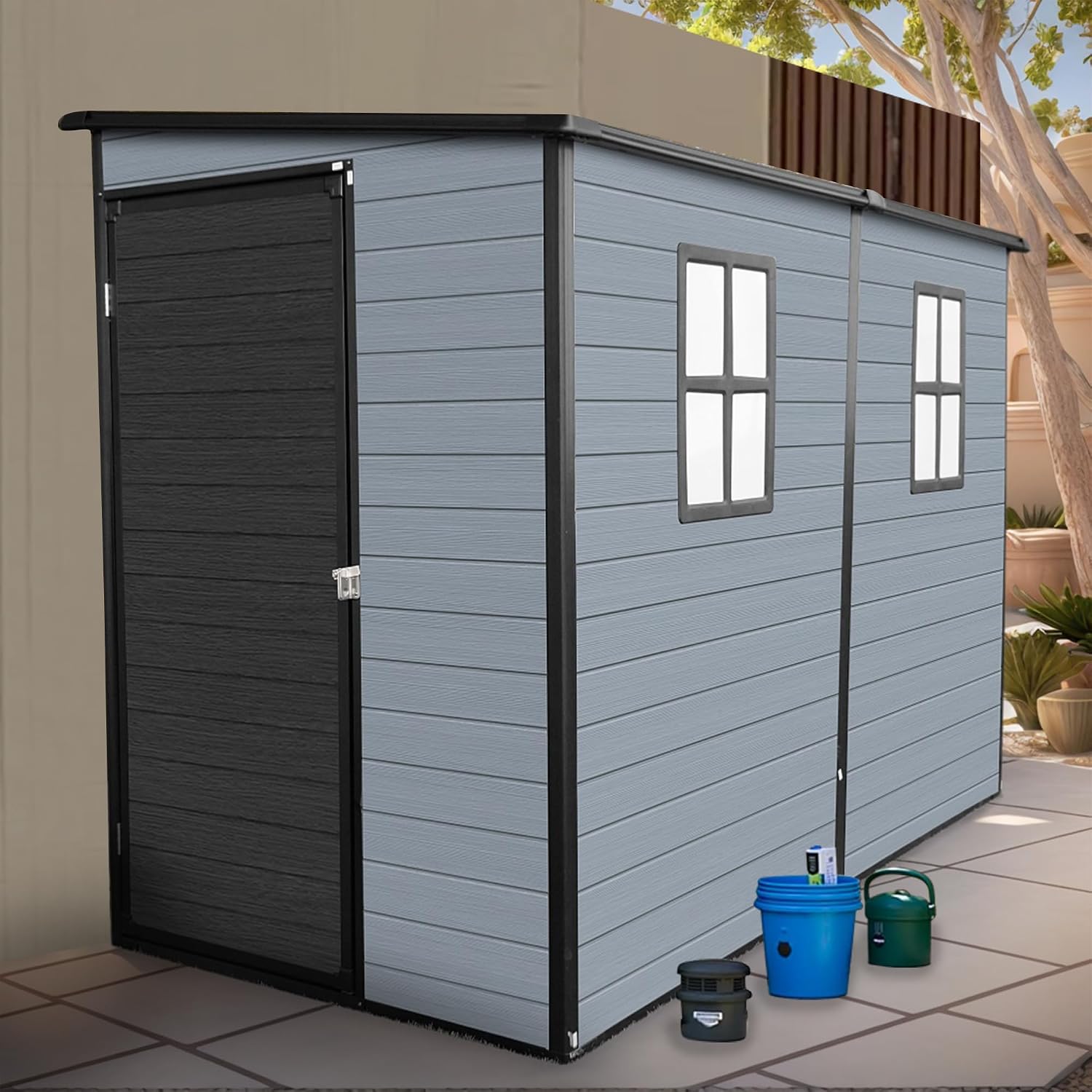4x8ft Resin Shed with Floor Included, Outdoor Storage Lean to Shed with 2 Windows and Lockable Door, Garden Sheds for Tools, Bike, Gray and Black