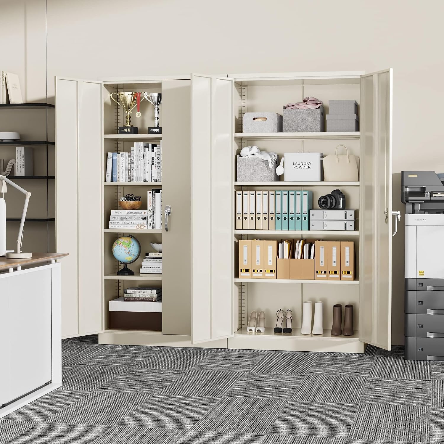 Greenvelly Garage Storage Cabinet,72' Metal Cabinet with 2 Doors and 4 Shelves,Steel File Cabinet for Home Office, Garage, Classroom（Grey 36' X 18'）