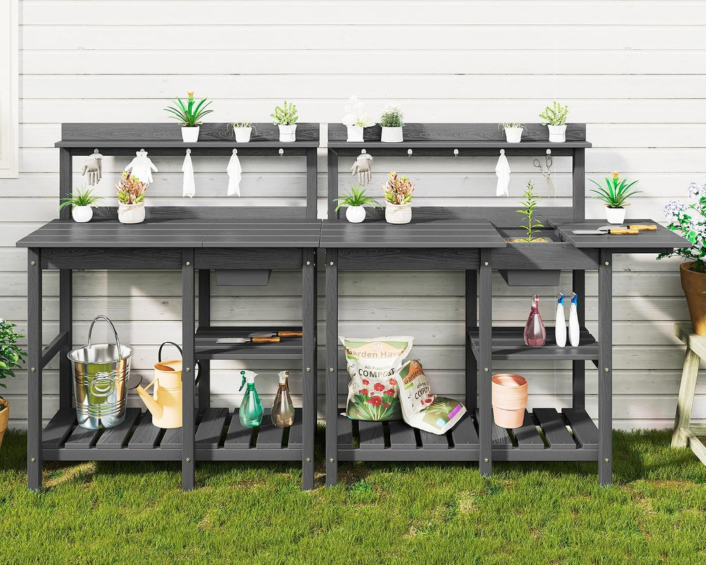 SERWALL Outdoor Potting Bench 2-Piece Set, Rot-Resistant HDPE Potting Table with Removable Sink for Outside Gardening, All-Weather Use - Gray