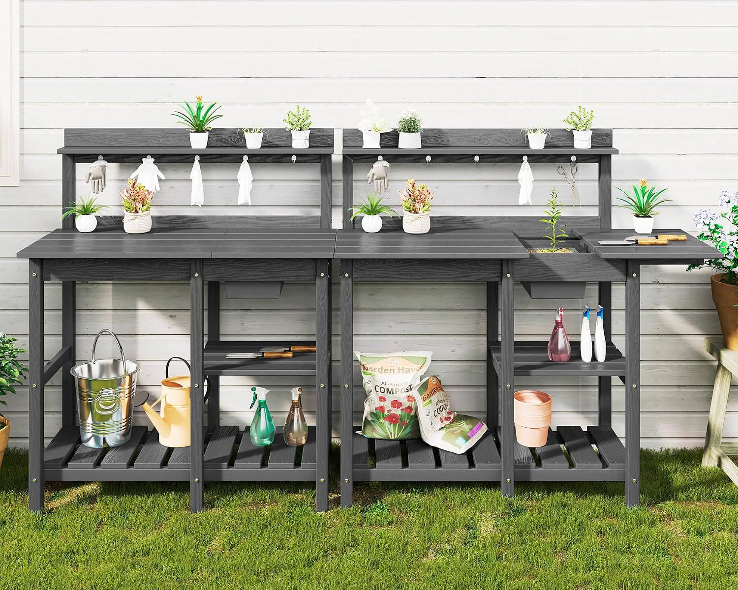 SERWALL Outdoor Potting Bench 2-Piece Set, Rot-Resistant HDPE Potting Table with Removable Sink for Outside Gardening, All-Weather Use - Gray