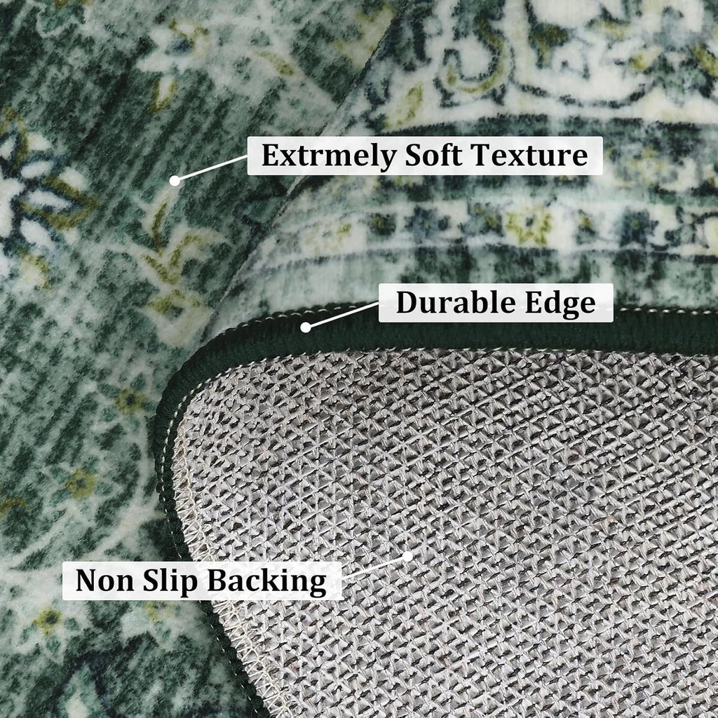 GlowSol Washable Area Rug 10x13 Large Neutral Rugs for Living Room Soft Vintage Bedroom Rug Ultra-Thin Distressed Oriental Carpet Stain Resistant Rug for Dining Room Guest Room Home Decor,Green
