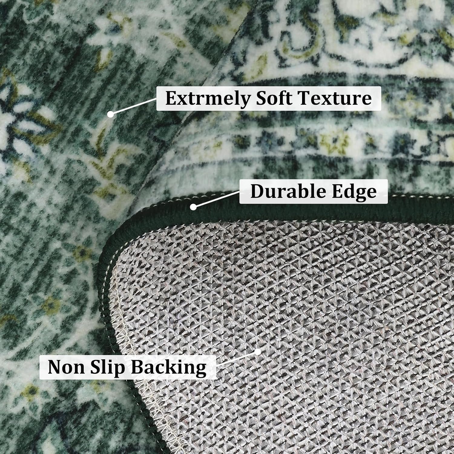 GlowSol Washable Area Rug 10x13 Large Neutral Rugs for Living Room Soft Vintage Bedroom Rug Ultra-Thin Distressed Oriental Carpet Stain Resistant Rug for Dining Room Guest Room Home Decor,Green
