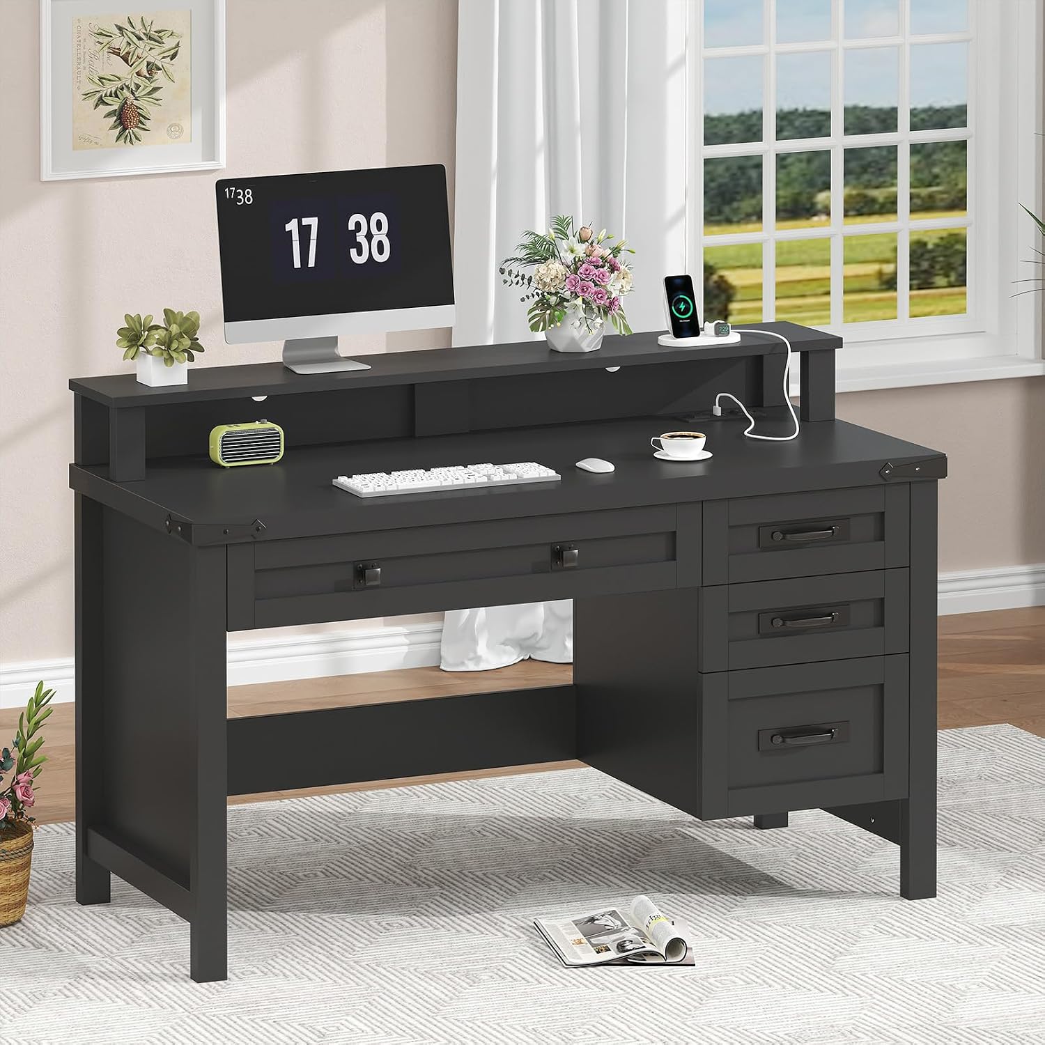 YOMILUVE Farmhouse Computer Desk with Drawers, 47' Small Computer Desk with Power Outlets, Home Office Desk with Monitor Stand & 4 Drawers, Writing Study Table, Black