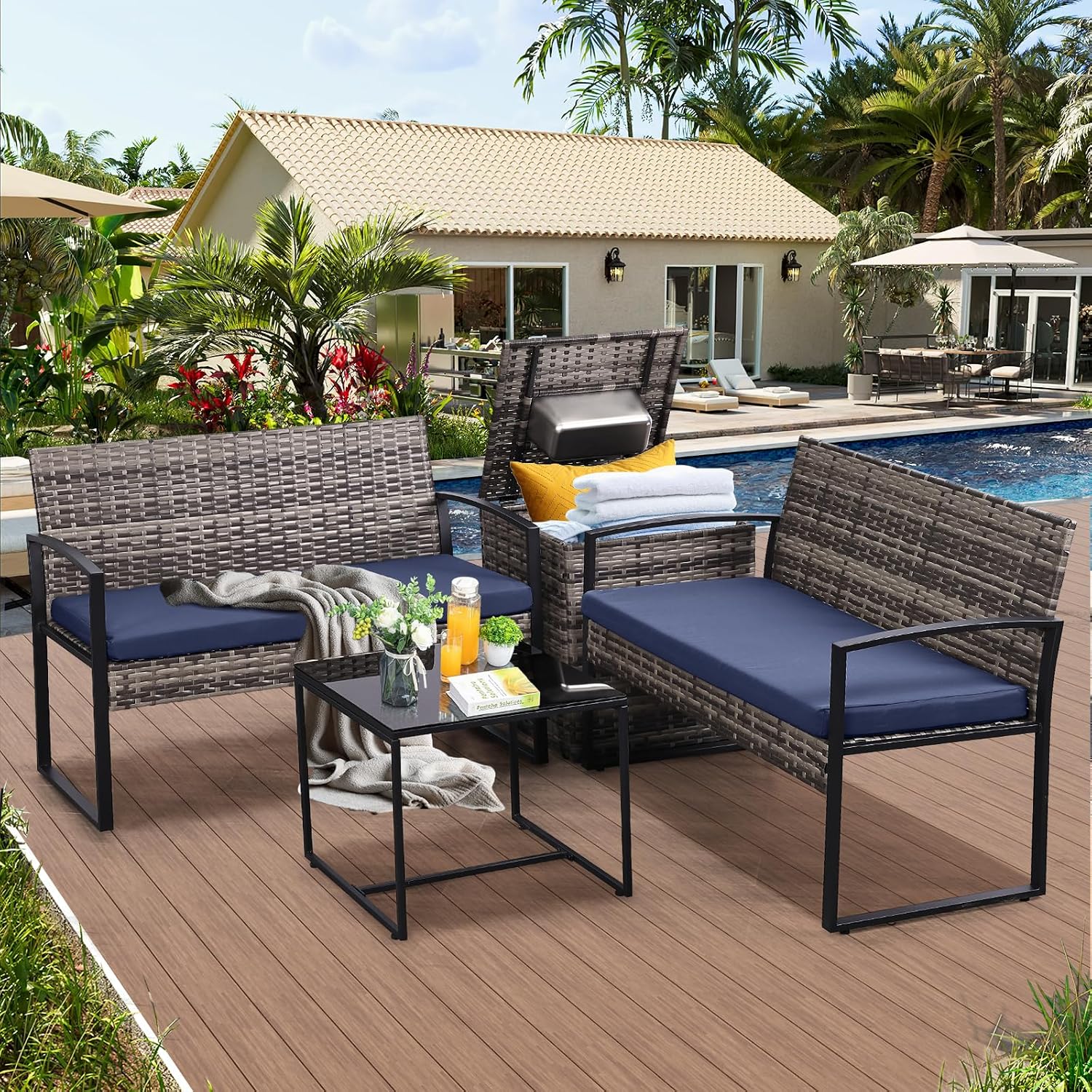 FHFO 4 Piece Outdoor Patio Furniture Set with Built-in Beverage Cooler Storage Box, Wicker Conversation Sets Patio Outdoor Loveseats & Coffee Table for Outside, Garden, Balcony, Porch, Grey/Blue
