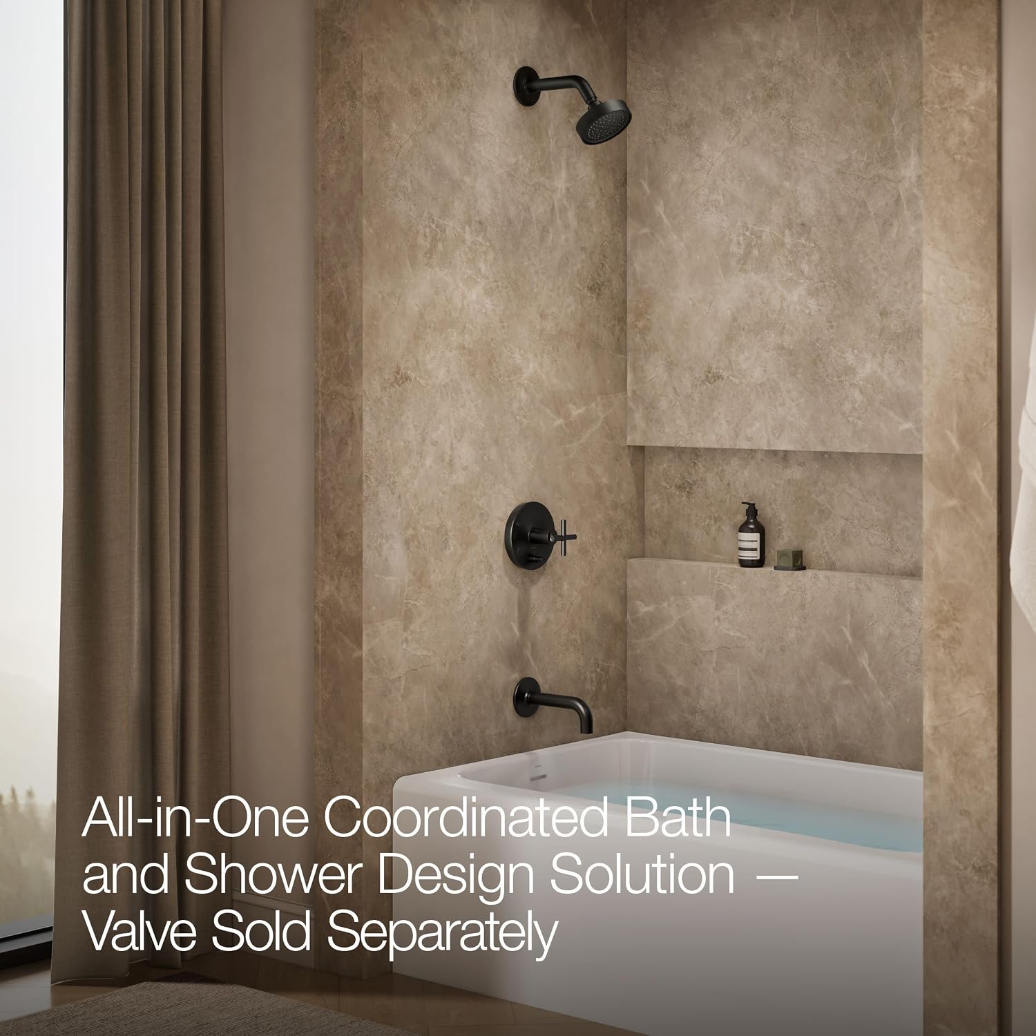 KOHLER K-T1441-3-BL Purist® Rite-Temp® Pressure-Balancing Bath and Shower Faucet Trim with Push-Button Diverter, 7-3/4-Inch Spout and Cross Handle