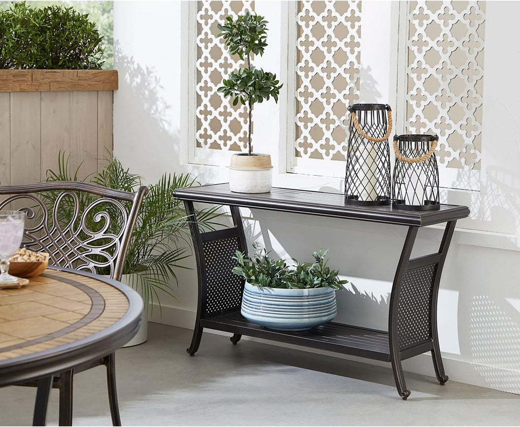 Hanover Traditions Outdoor Table, 50' Slat Top Console Table with 2 Shelves, Rust-Resistant All-Weather Patio Table with Brushed Bronze Finish, Perfect for Storage and Display Space or Bar Set Up