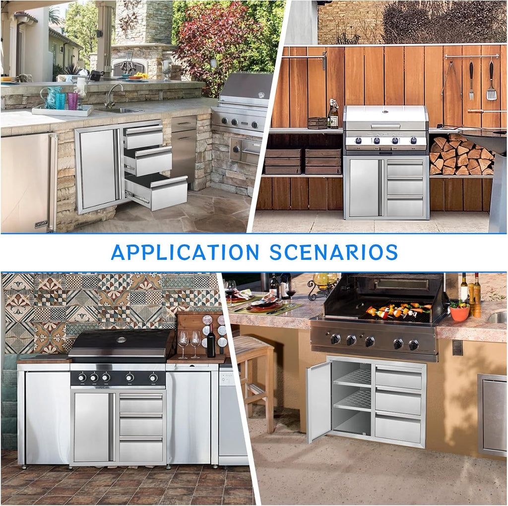 Outdoor Kitchen Drawer Combo Cabinet, Stainless Steel Triple Drawers with Integrated Access Door, 28' W x 22' H x 19.5' D Outdoor Built-in Cabinet for BBQ Island Grill Stations