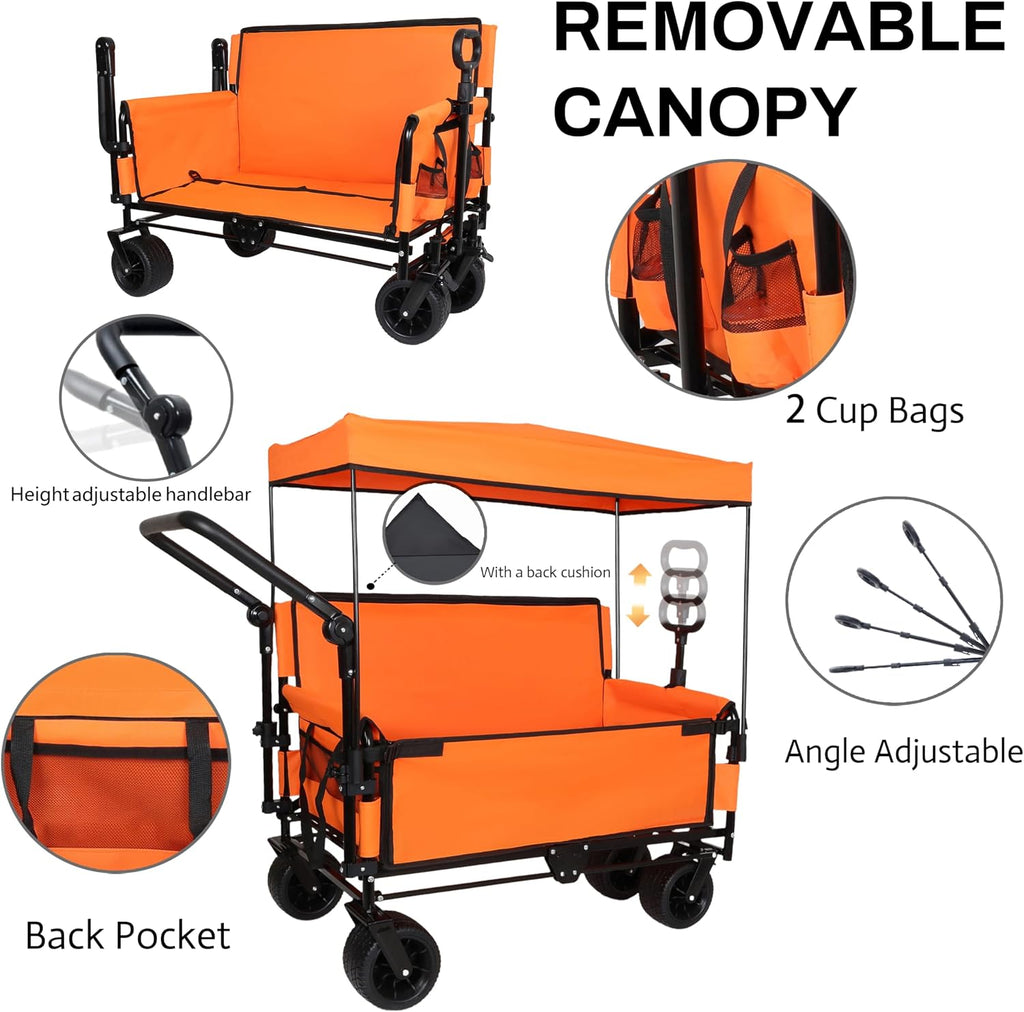 ZeHuoGe 3-in-1 Folding Wagon Cart with Bench Seat & Canopy & Storage, 500lbs Heavy-Duty, 180L Capacity, All-Terrain Wagon for Camping, Beach, Sports, & Garden (Orange)