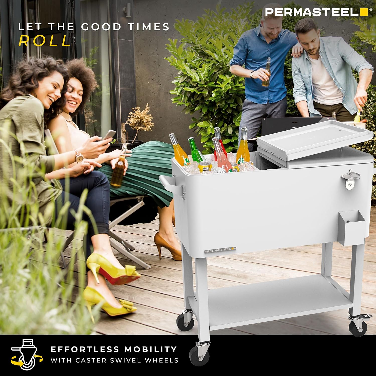 Permasteel Party Cooler with Divider, Removable Basin, Spacious 80-Qt Capacity, Chills 36hrs, Serving Tray, Rolling Ice Chest for Indoor & Outdoor