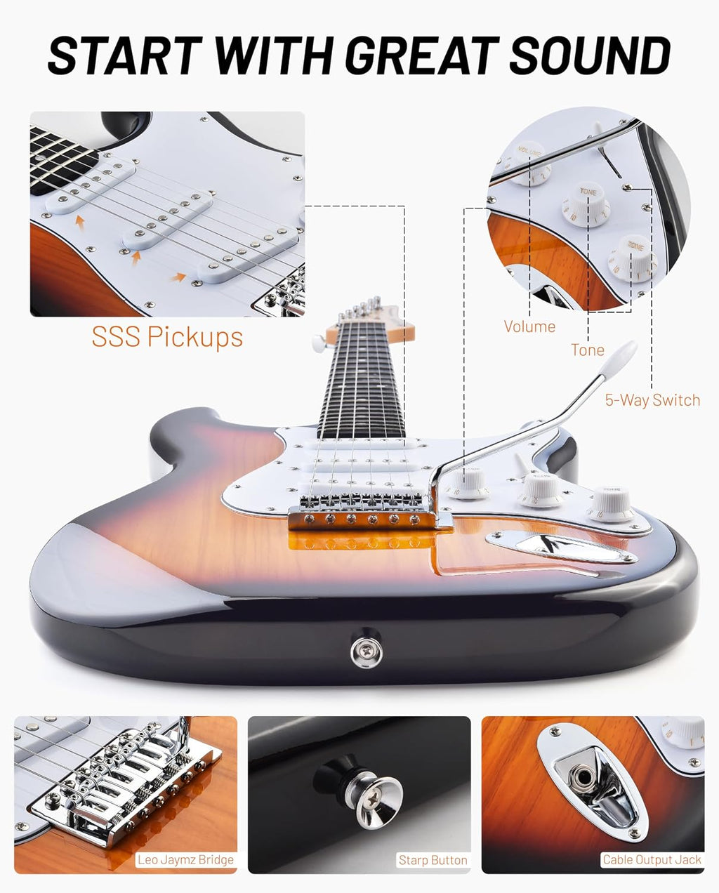 Leo Jaymz Beginner Electric Guitar Complete Kit with Portable Amp, Padded Gig Bag & Full Accessories, Maple Neck SSS Pickups (Sunburst)