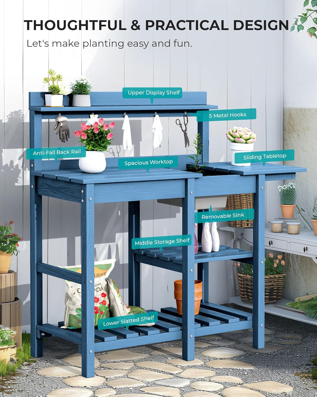 SERWALL Outdoor Potting Bench with Removeable Sink,Rot-Resistant HDPE Potting Table for Outside Gardening, All Weather Use - Blue