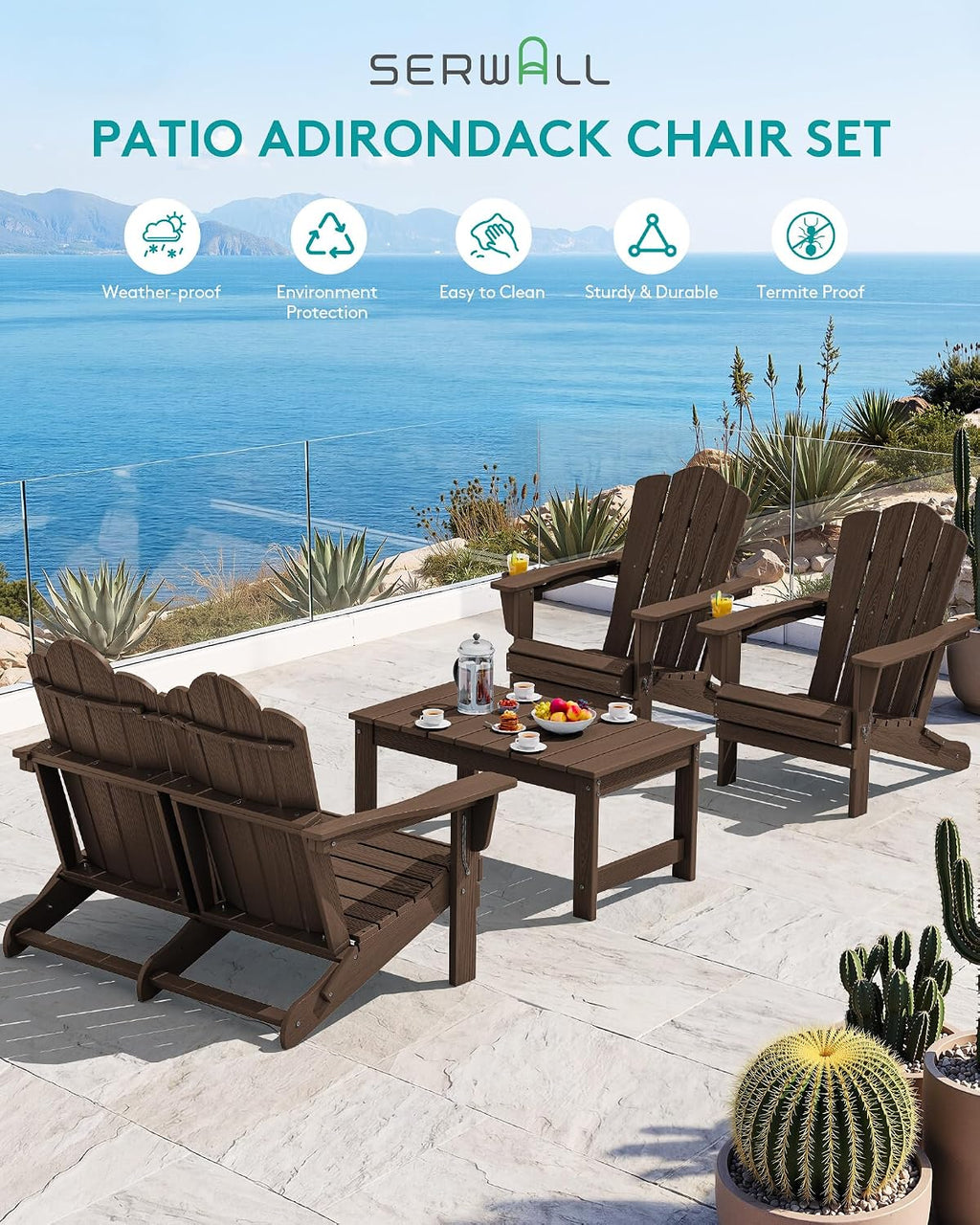 SERWALL 4 Pieces HDPE Patio Adirondack Chair Set, 2 Adirondack Chair with Cup Holder & 1 Adirondack Bench & 1 Coffee Table with Umbrella Hole, Coffee